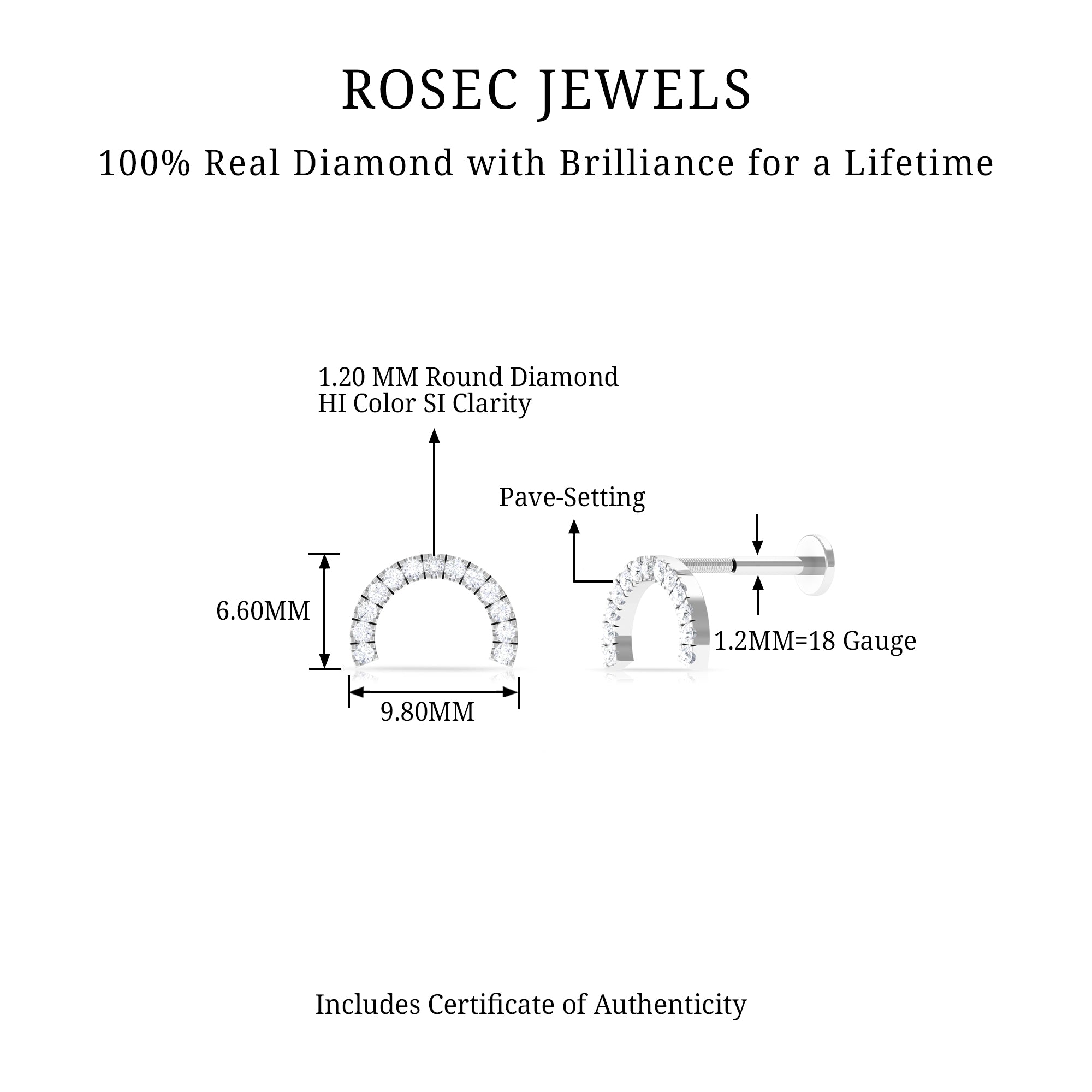 Rosec Jewels-Certified Diamond Half Circle Earring for Piercing