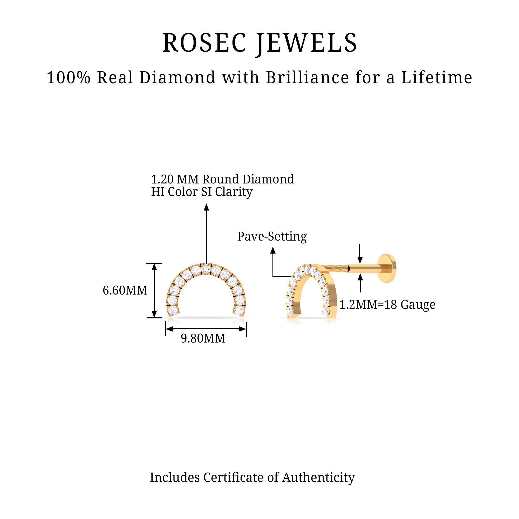 Certified Diamond Half Circle Earring for Piercing Natural - ( HI-SI ) - Rosec Jewels