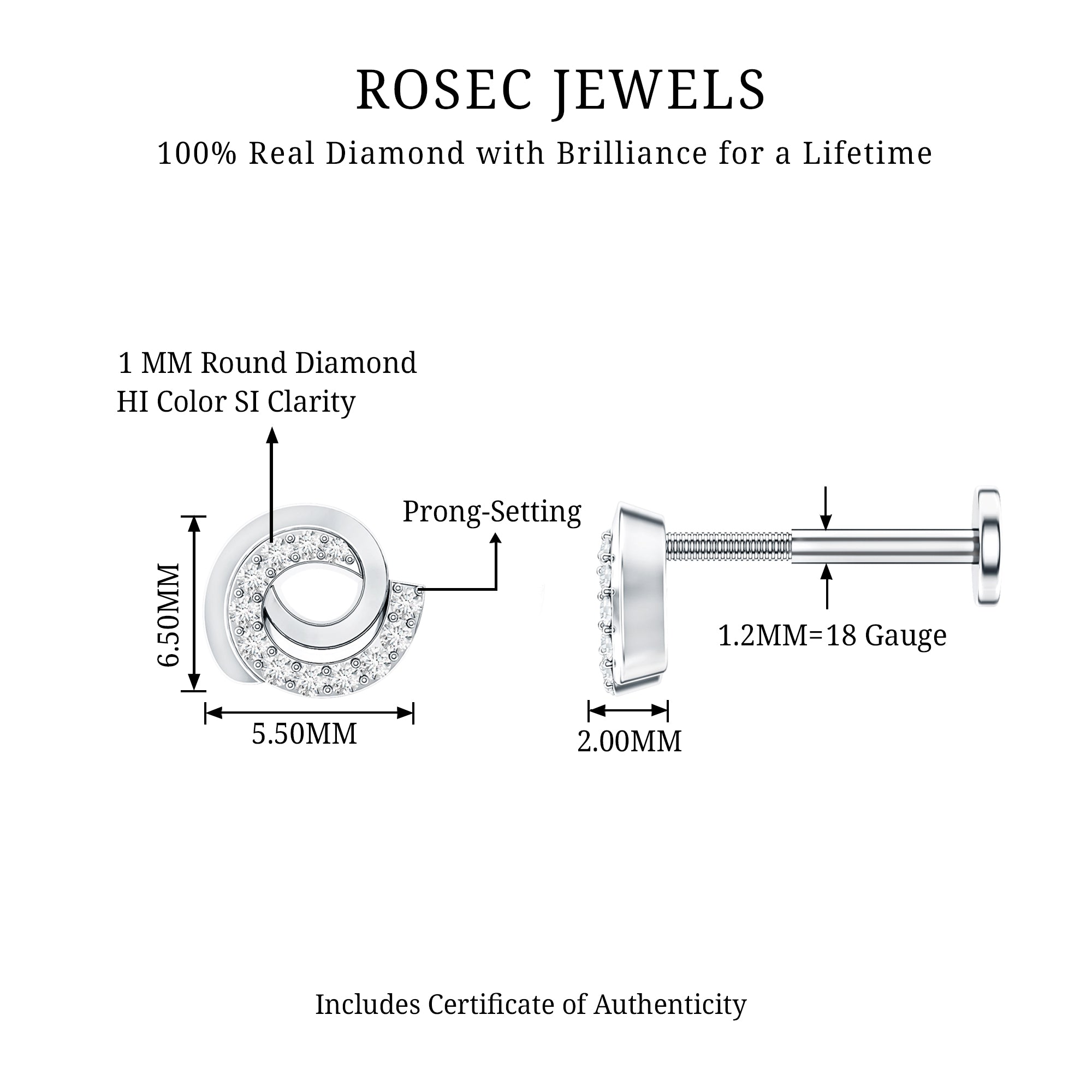 Certified Diamond Spiral Earring for Cartilage Piercing Natural - ( HI-SI ) - Rosec Jewels