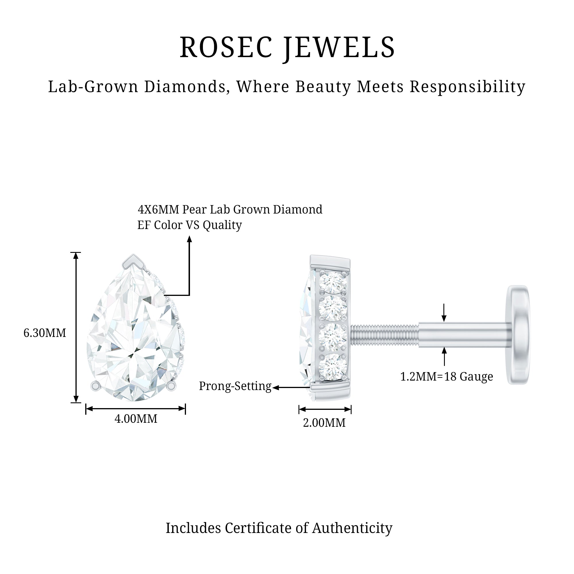 Pear Shaped Diamond Solitaire Tragus Earring Lab - ( EF-VS ) - Rosec Jewels