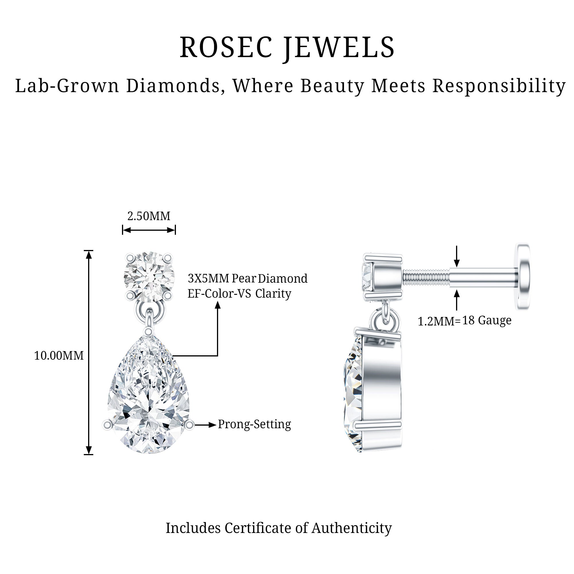 Pear and Round Cut Diamond Stud Drop Helix Earring Lab - ( EF-VS ) - Rosec Jewels
