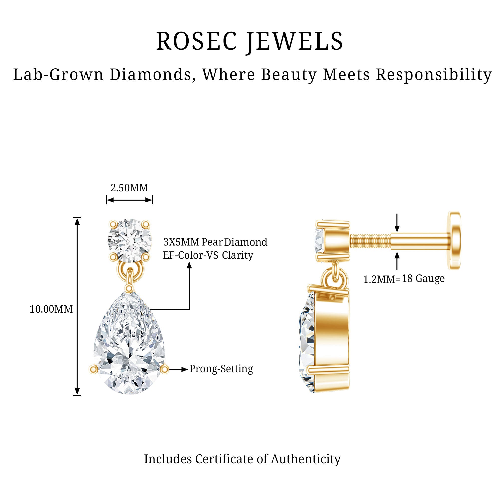 Pear and Round Cut Diamond Stud Drop Helix Earring Lab - ( EF-VS ) - Rosec Jewels