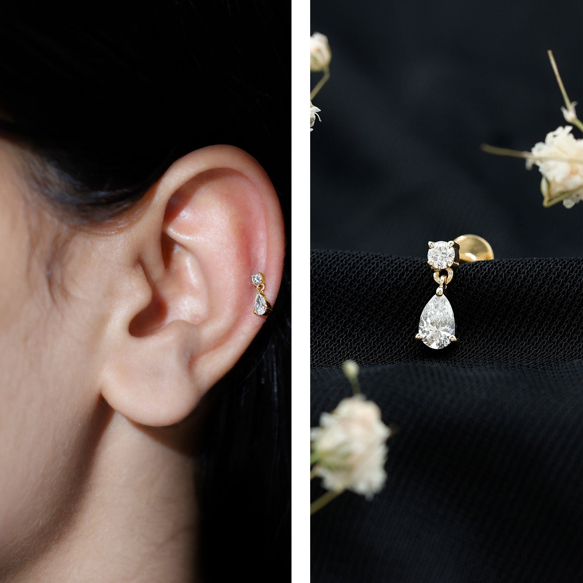 Pear and Round Cut Diamond Stud Drop Helix Earring Lab - ( EF-VS ) - Rosec Jewels