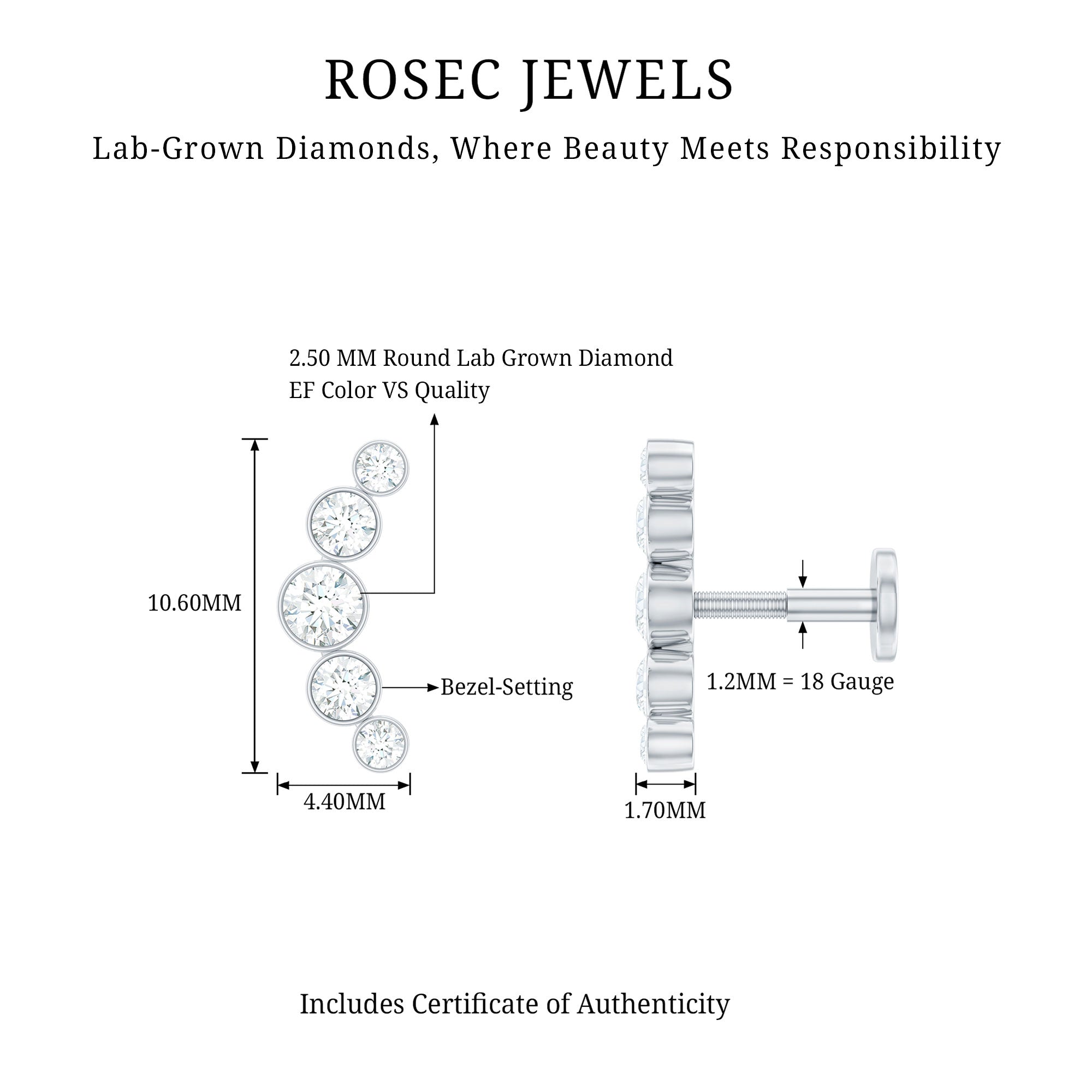 Graduated Diamond Ear Climber Earring in Bezel Setting Lab - ( EF-VS ) - Rosec Jewels