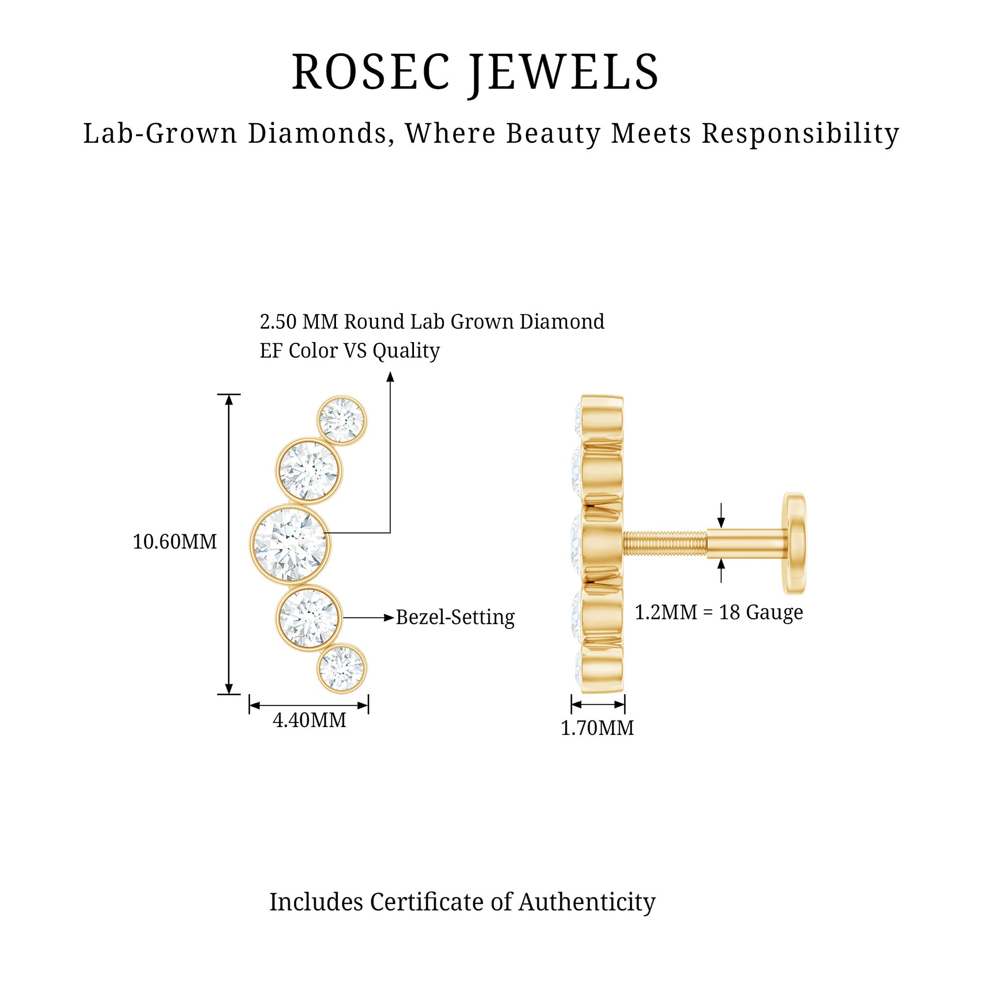Graduated Diamond Ear Climber Earring in Bezel Setting Lab - ( EF-VS ) - Rosec Jewels
