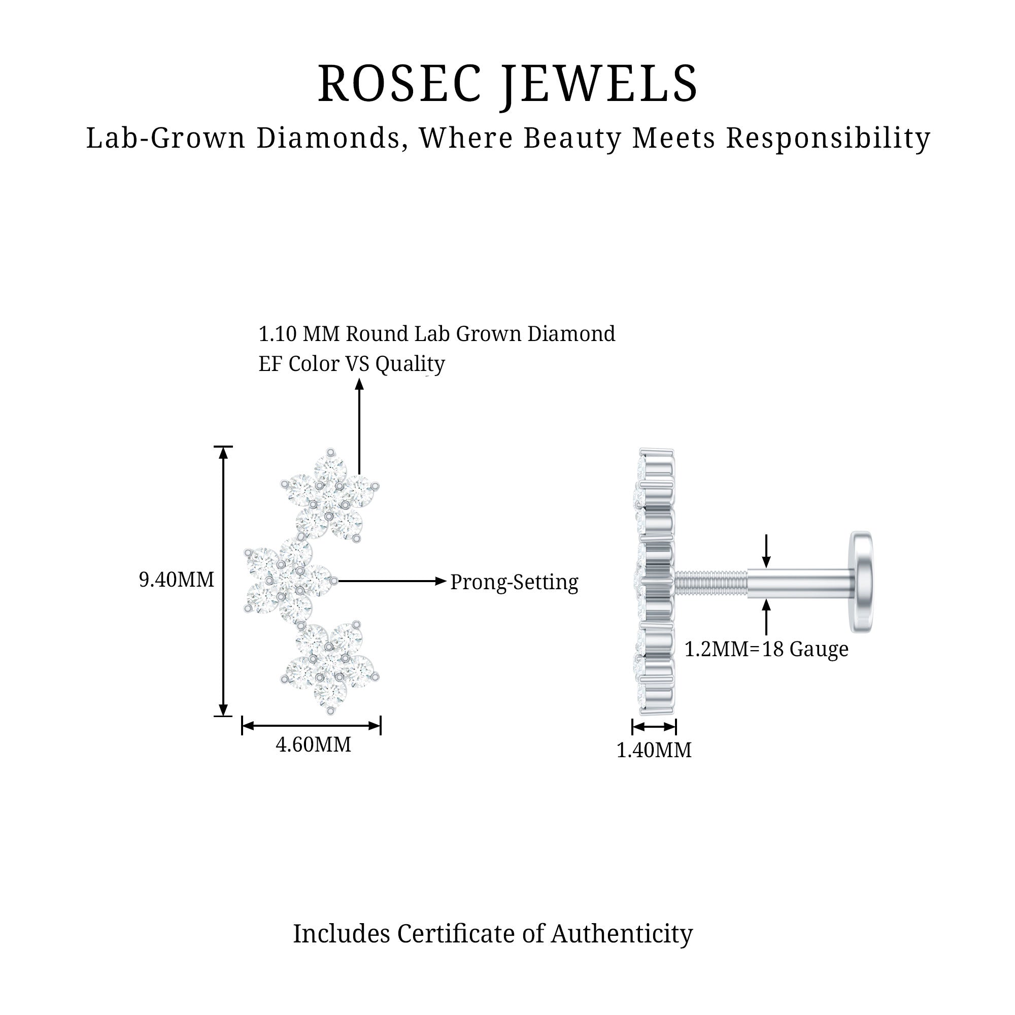 Helix Flower Crawler Earring with Diamond Lab - ( EF-VS ) - Rosec Jewels