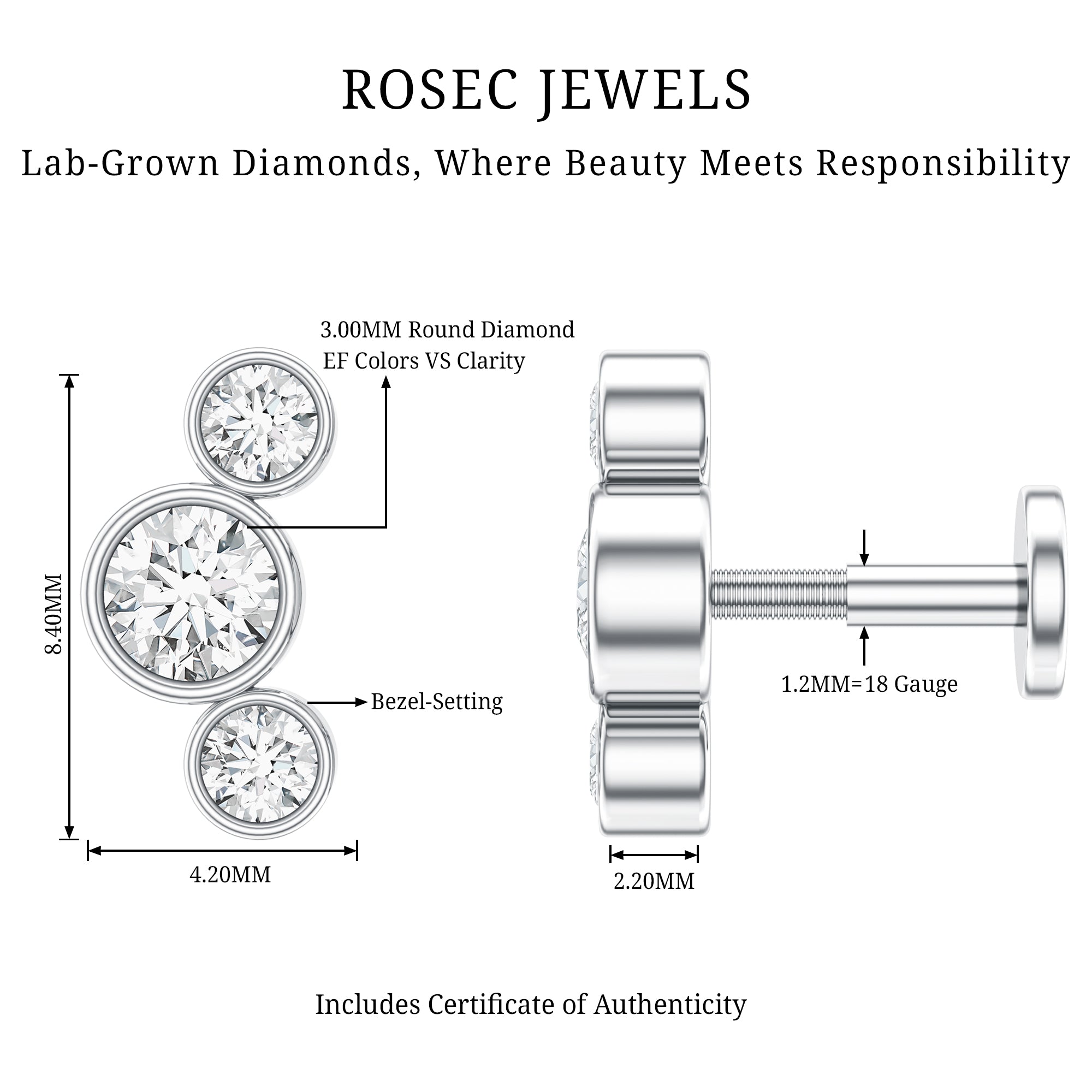 Bezel Set Diamond Three Stone Earring for Helix Piercing Lab - ( EF-VS ) - Rosec Jewels