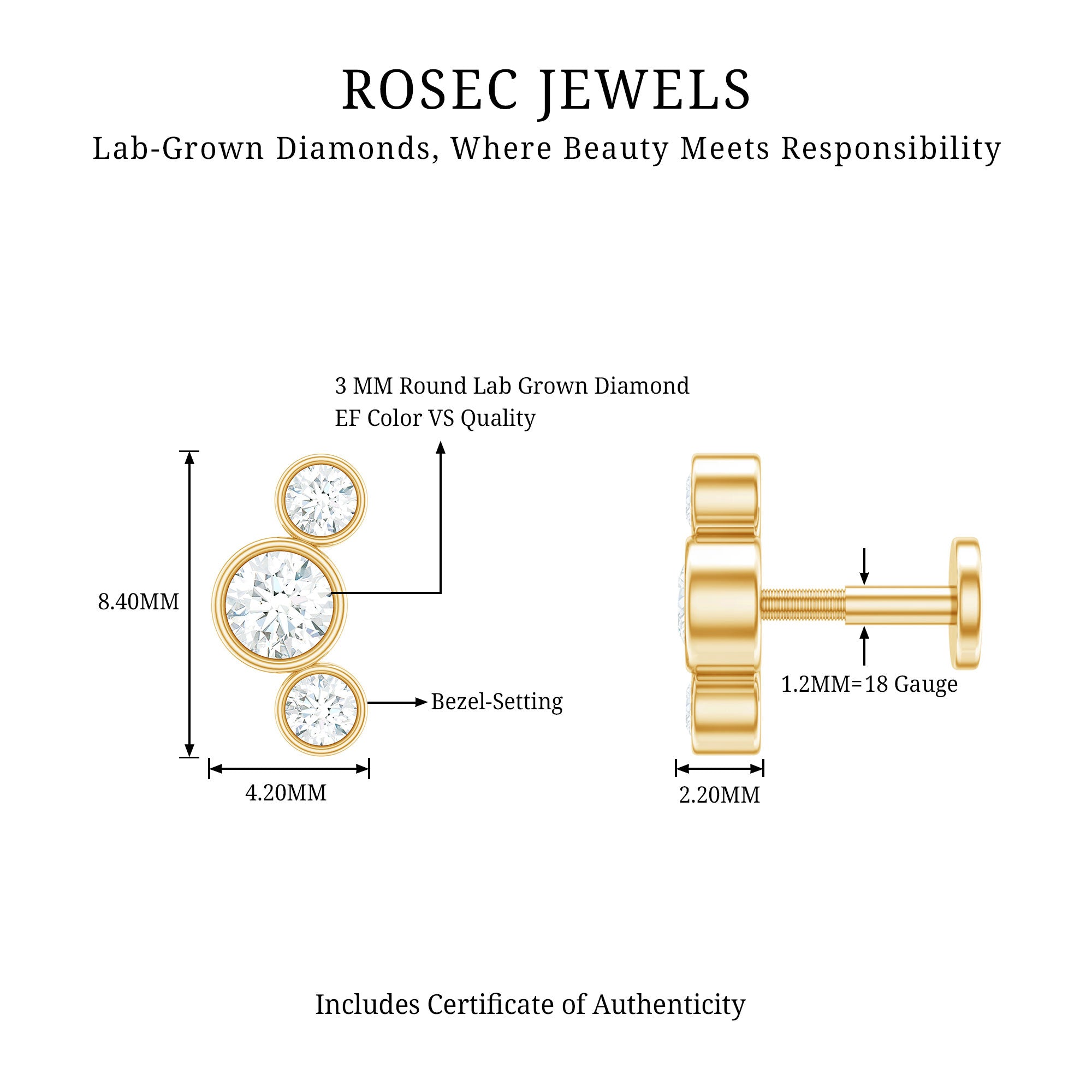 Bezel Set Diamond Three Stone Earring for Helix Piercing Lab - ( EF-VS ) - Rosec Jewels