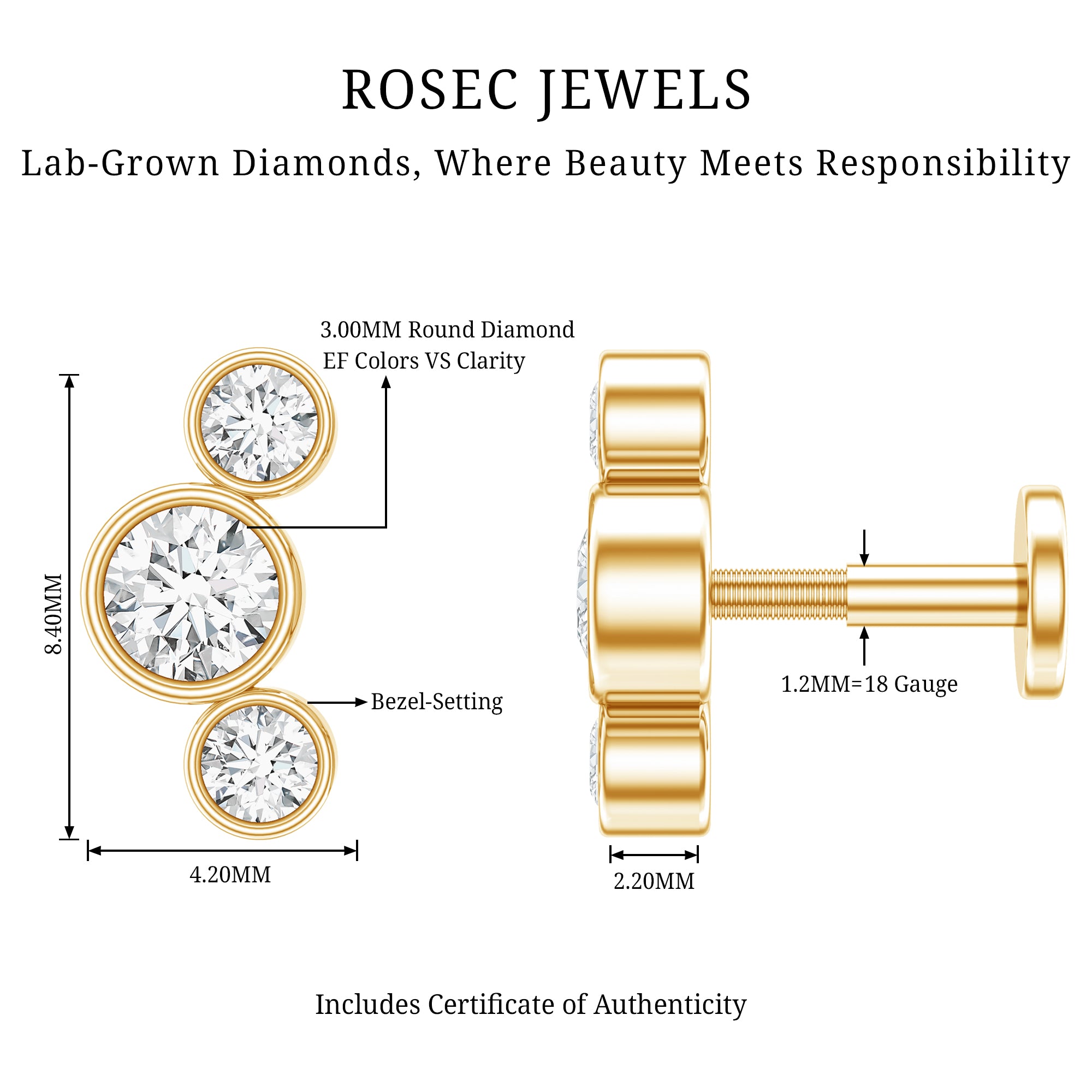 Bezel Set Diamond Three Stone Earring for Helix Piercing Lab - ( EF-VS ) - Rosec Jewels