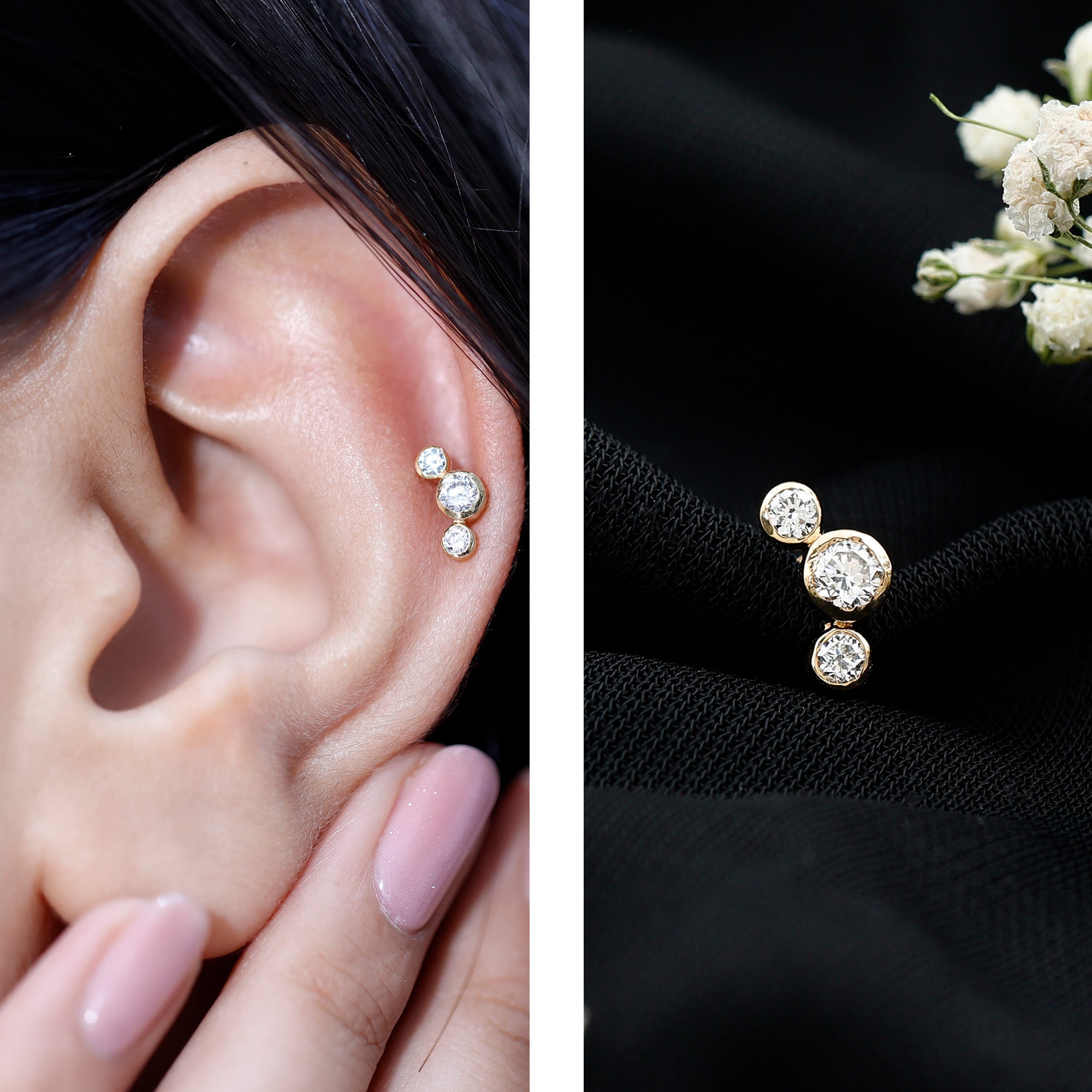 Bezel Set Diamond Three Stone Earring for Helix Piercing Lab - ( EF-VS ) - Rosec Jewels