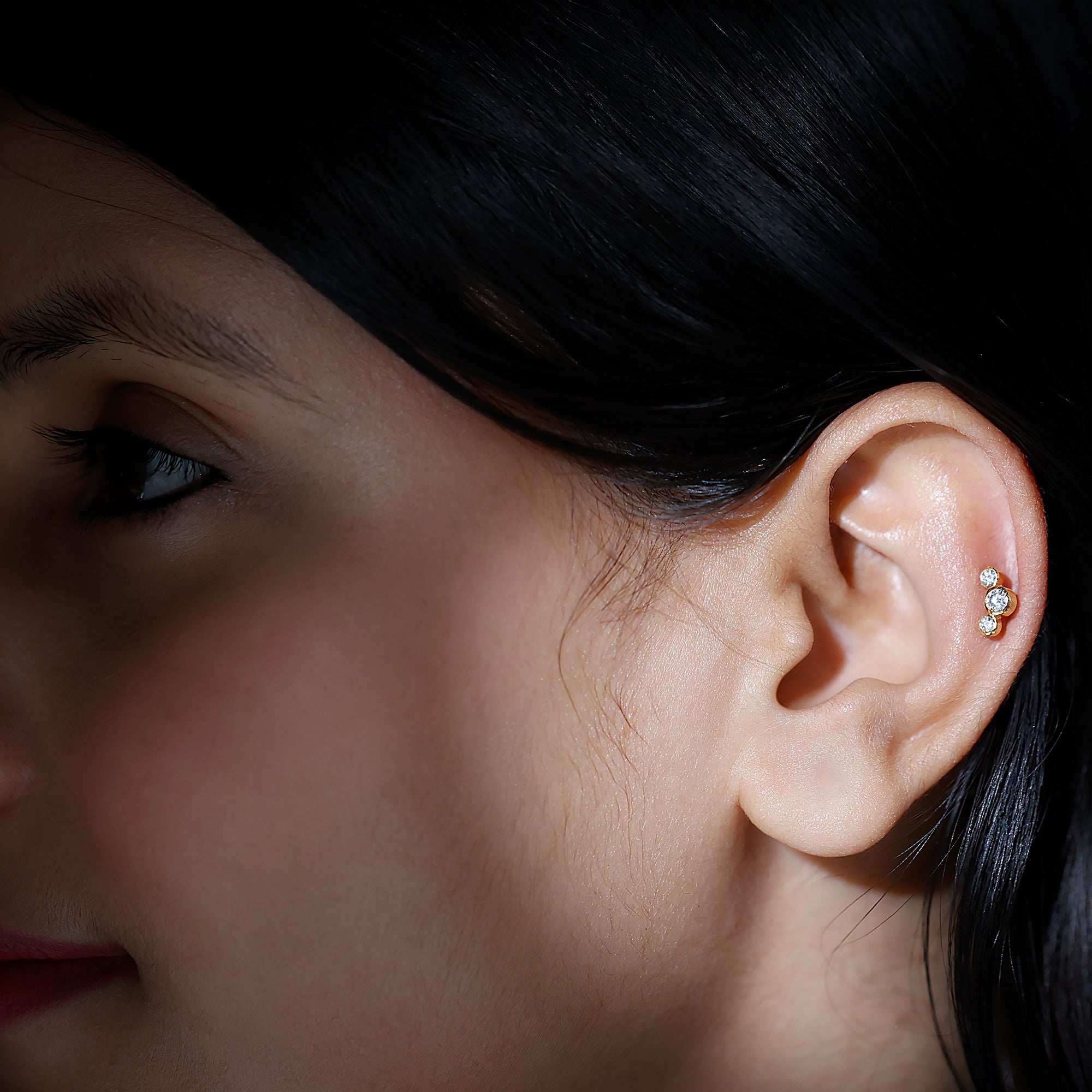 Bezel Set Diamond Three Stone Earring for Helix Piercing Lab - ( EF-VS ) - Rosec Jewels