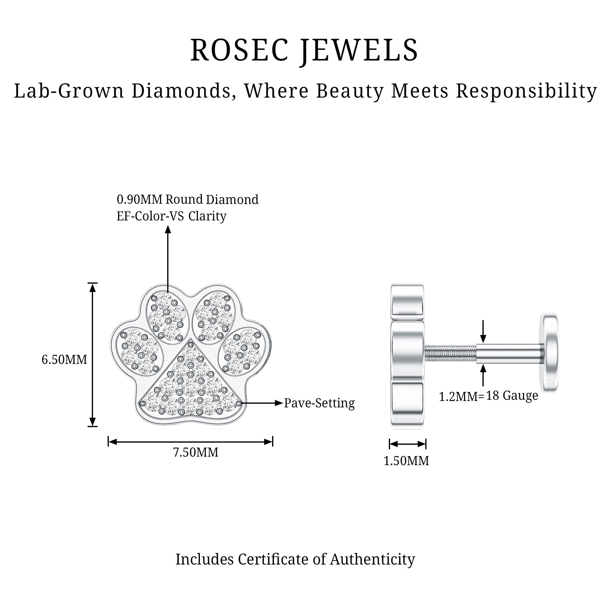Certified Diamond Paw Cartilage Earring Lab - ( EF-VS ) - Rosec Jewels