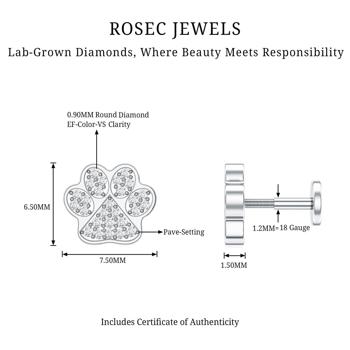 Certified Diamond Paw Cartilage Earring Lab - ( EF-VS ) - Rosec Jewels