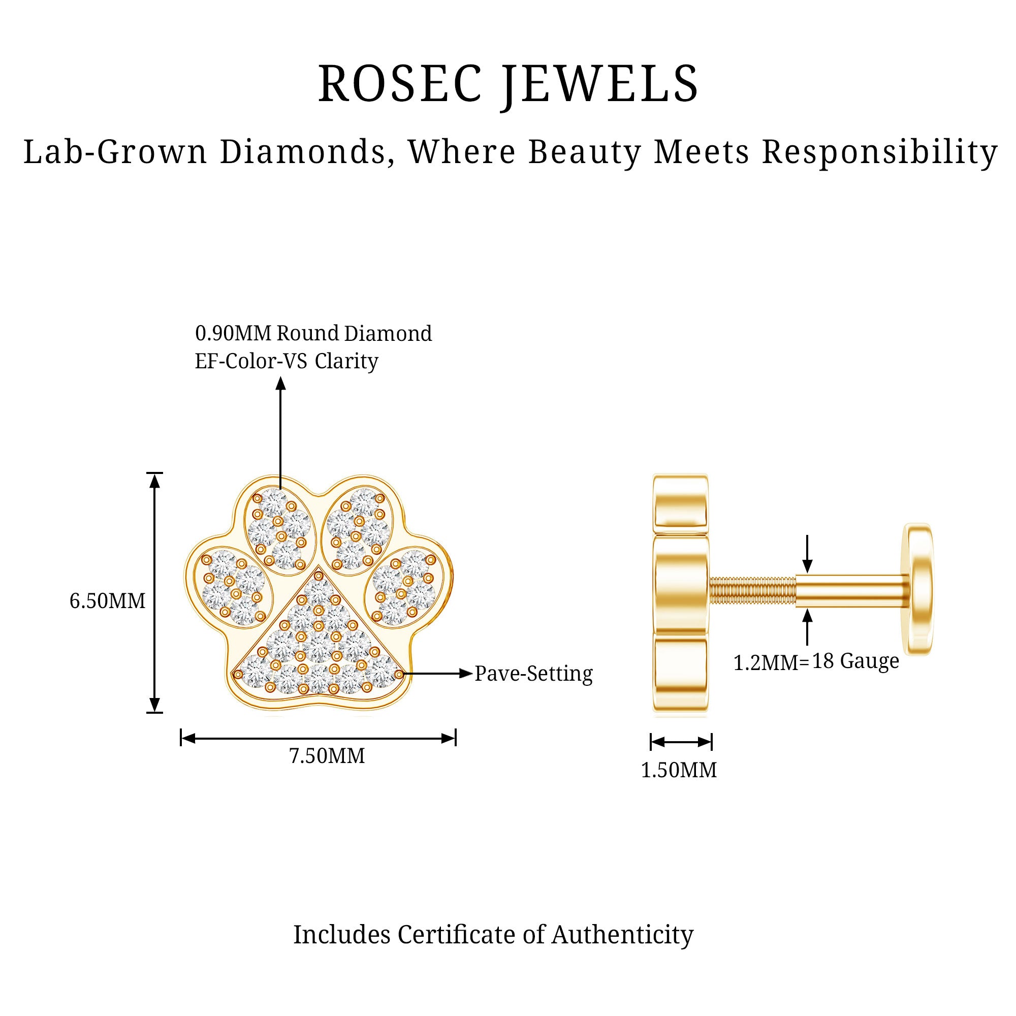 Certified Diamond Paw Cartilage Earring Lab - ( EF-VS ) - Rosec Jewels