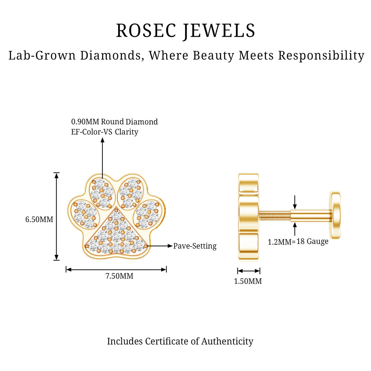 Certified Diamond Paw Cartilage Earring Lab - ( EF-VS ) - Rosec Jewels