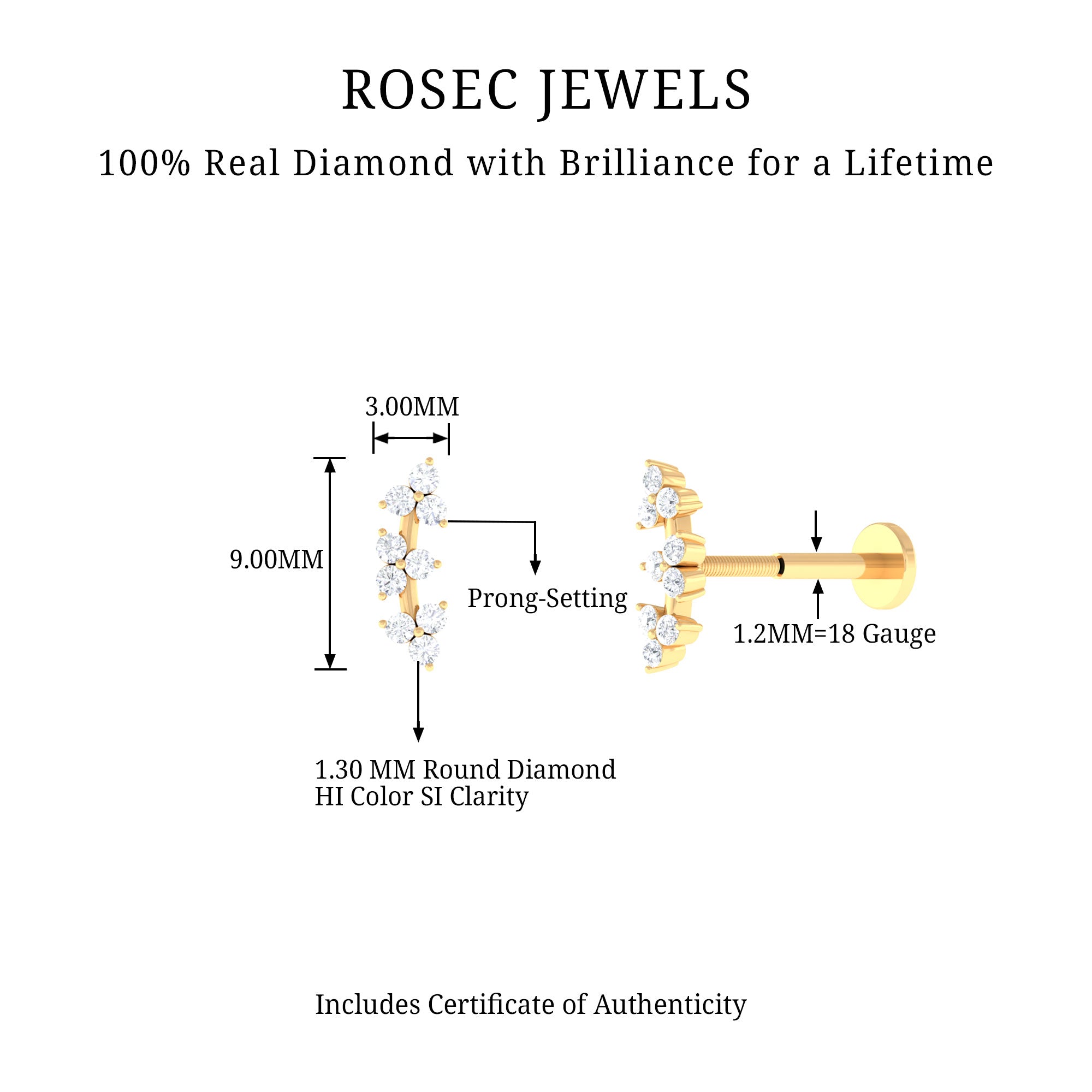 Simple Diamond Curved Helix Earring with Flat Back Lab - ( EF-VS ) - Rosec Jewels