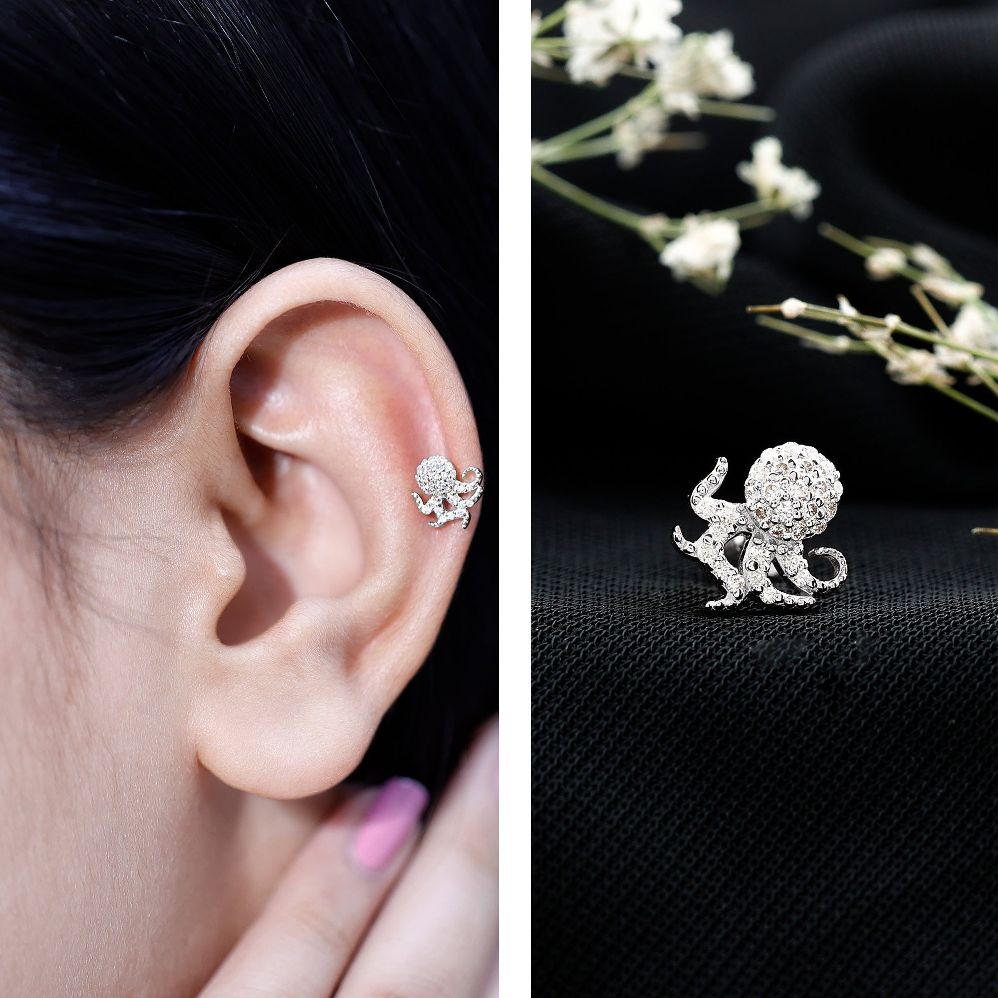 Diamond Octopus Earring with Flat Back Lab - ( EF-VS ) - Rosec Jewels