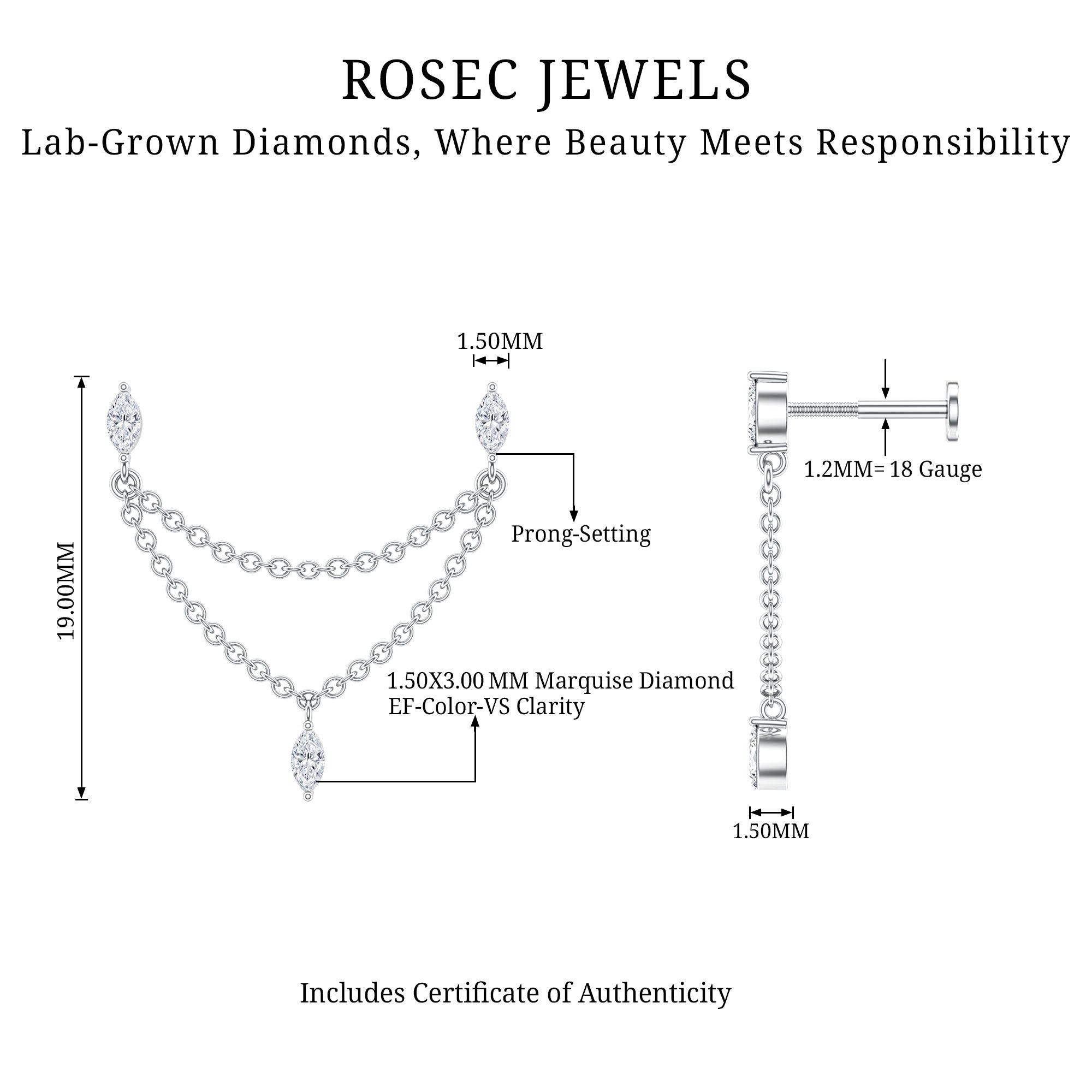Marquise Diamond Double Piercing Earring with Dangling Chain Lab - ( EF-VS ) - Rosec Jewels