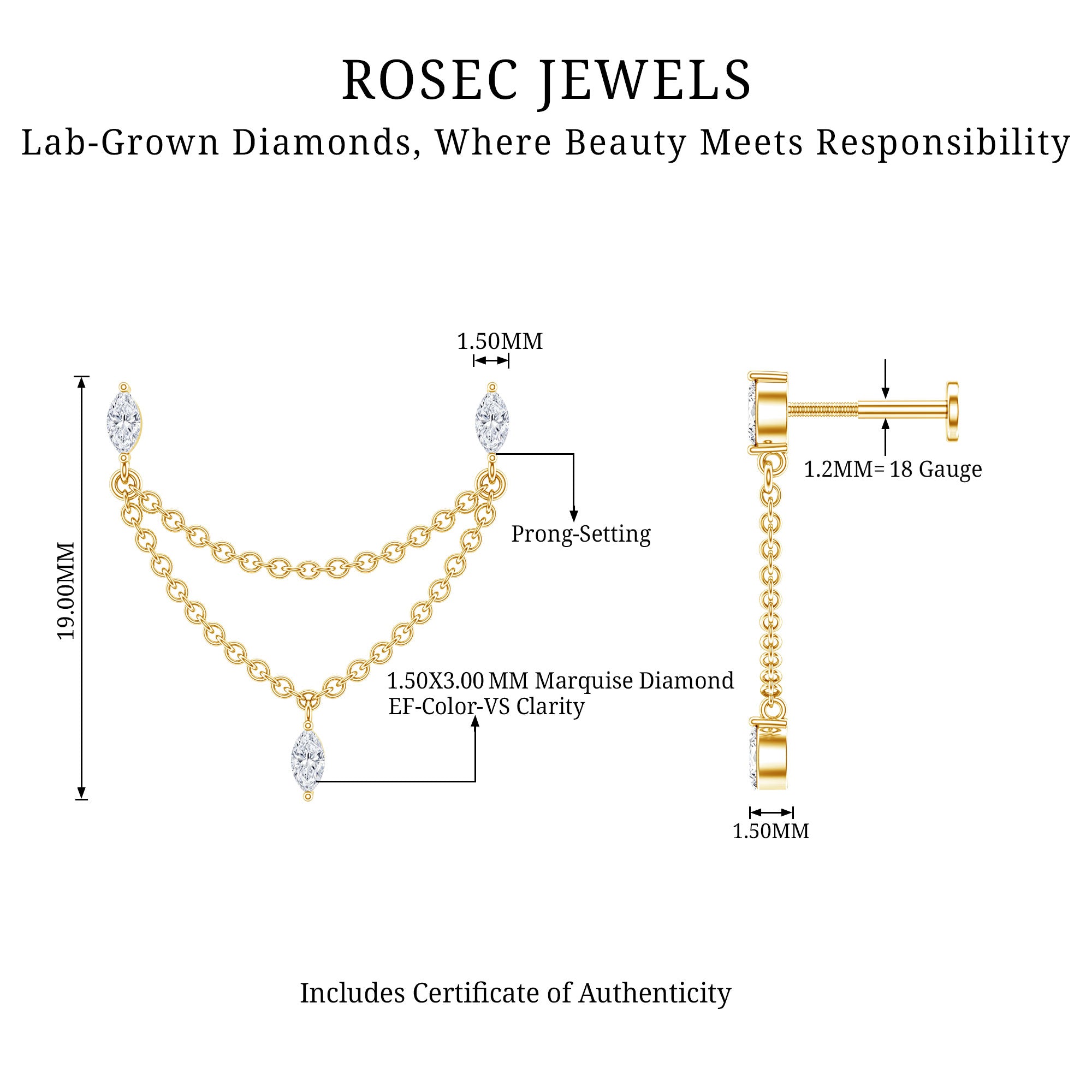 Marquise Diamond Double Piercing Earring with Dangling Chain Lab - ( EF-VS ) - Rosec Jewels