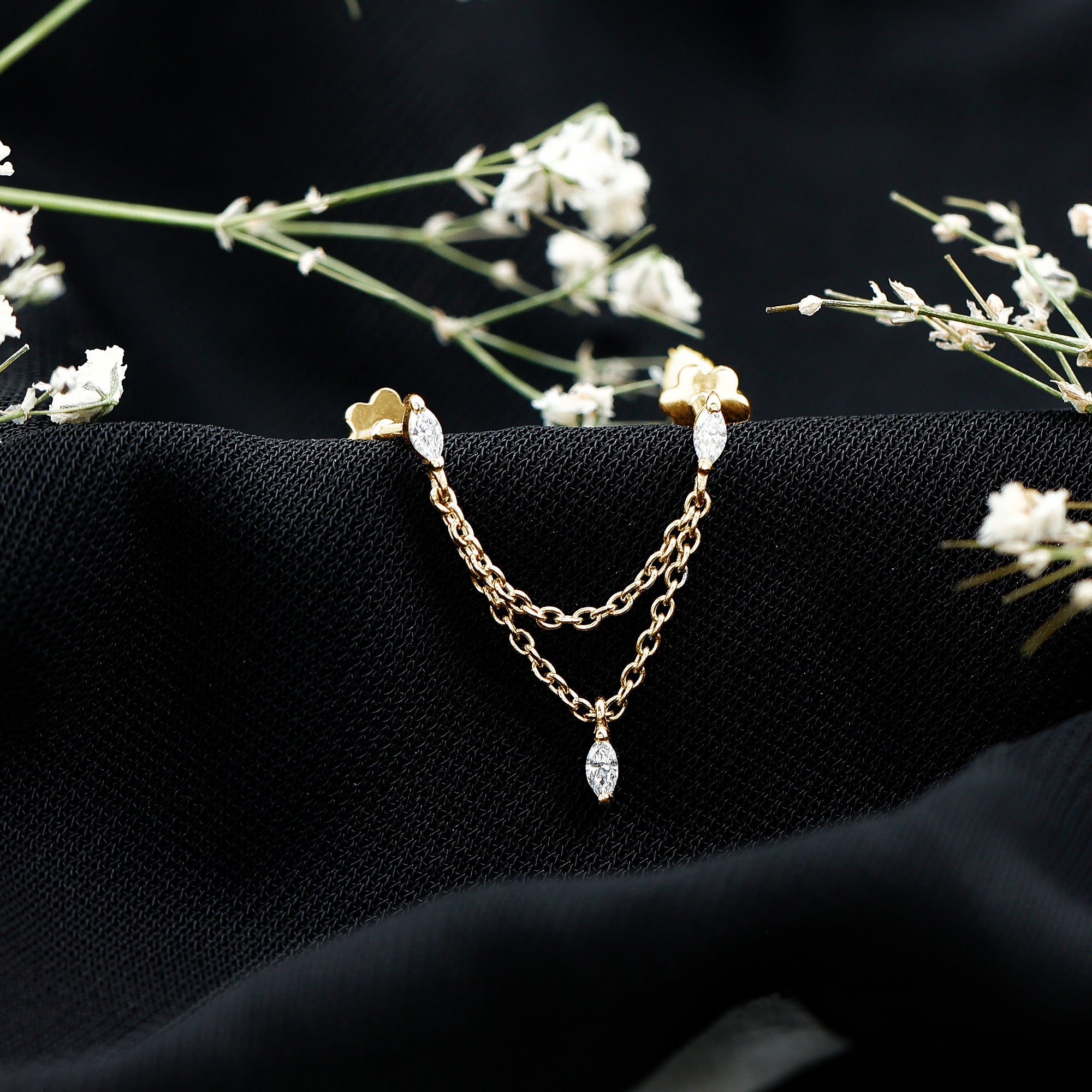 Marquise Diamond Double Piercing Earring with Dangling Chain Lab - ( EF-VS ) - Rosec Jewels