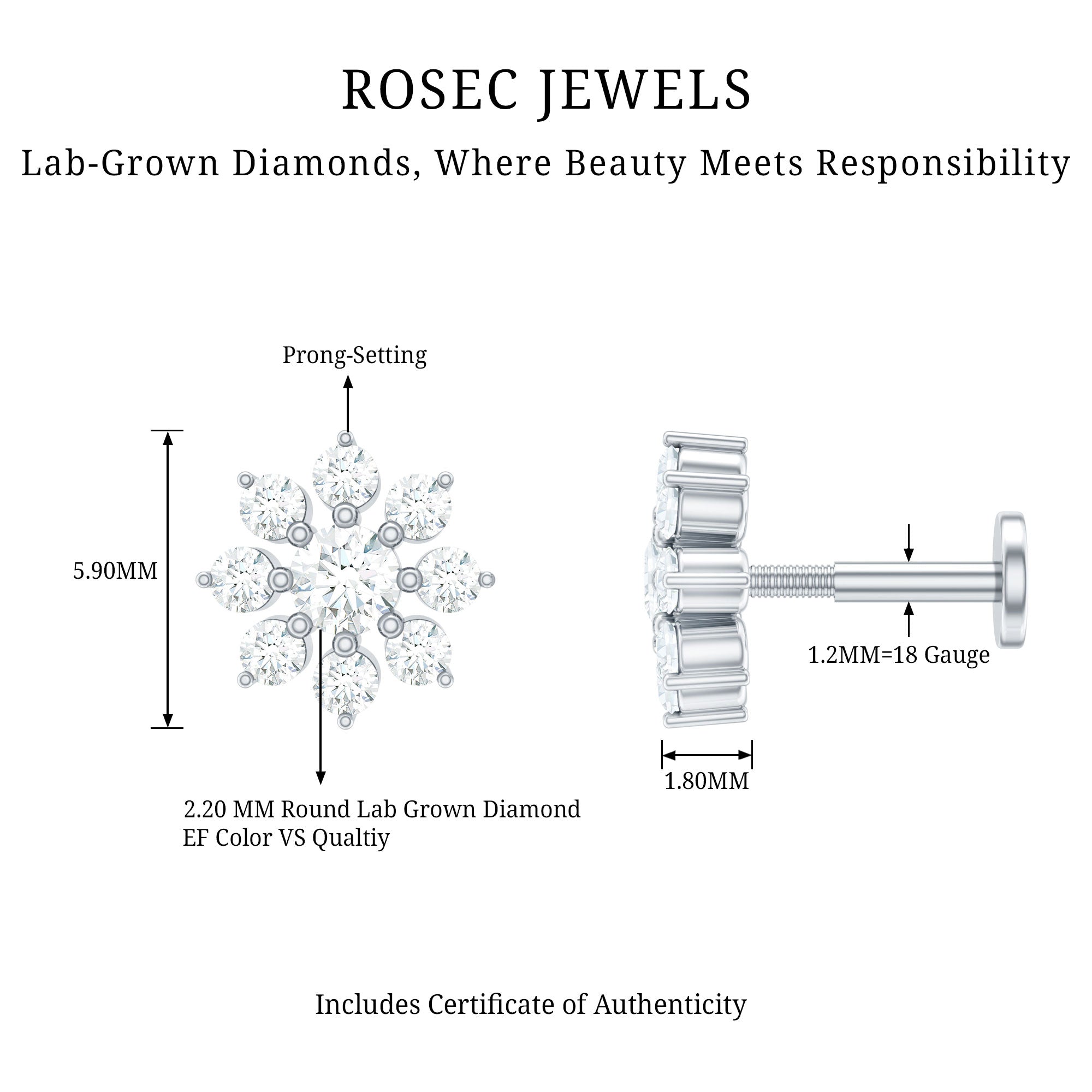 Sparkling Diamond Flower Cartilage Earring with Flat Back Lab - ( EF-VS ) - Rosec Jewels
