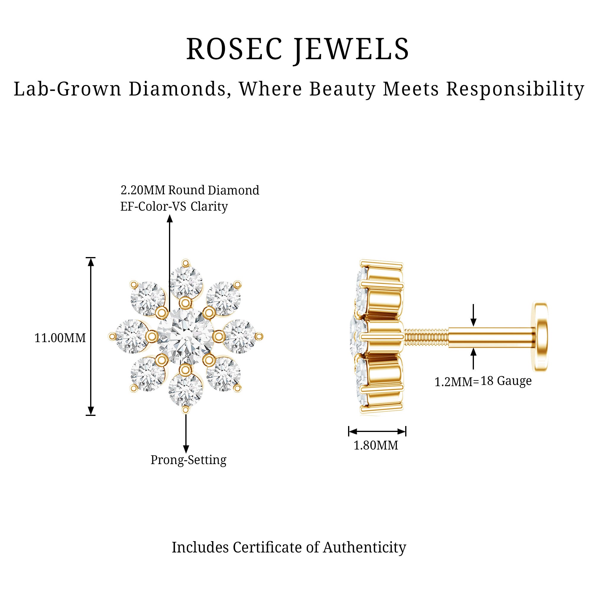 Sparkling Diamond Flower Cartilage Earring with Flat Back Lab - ( EF-VS ) - Rosec Jewels