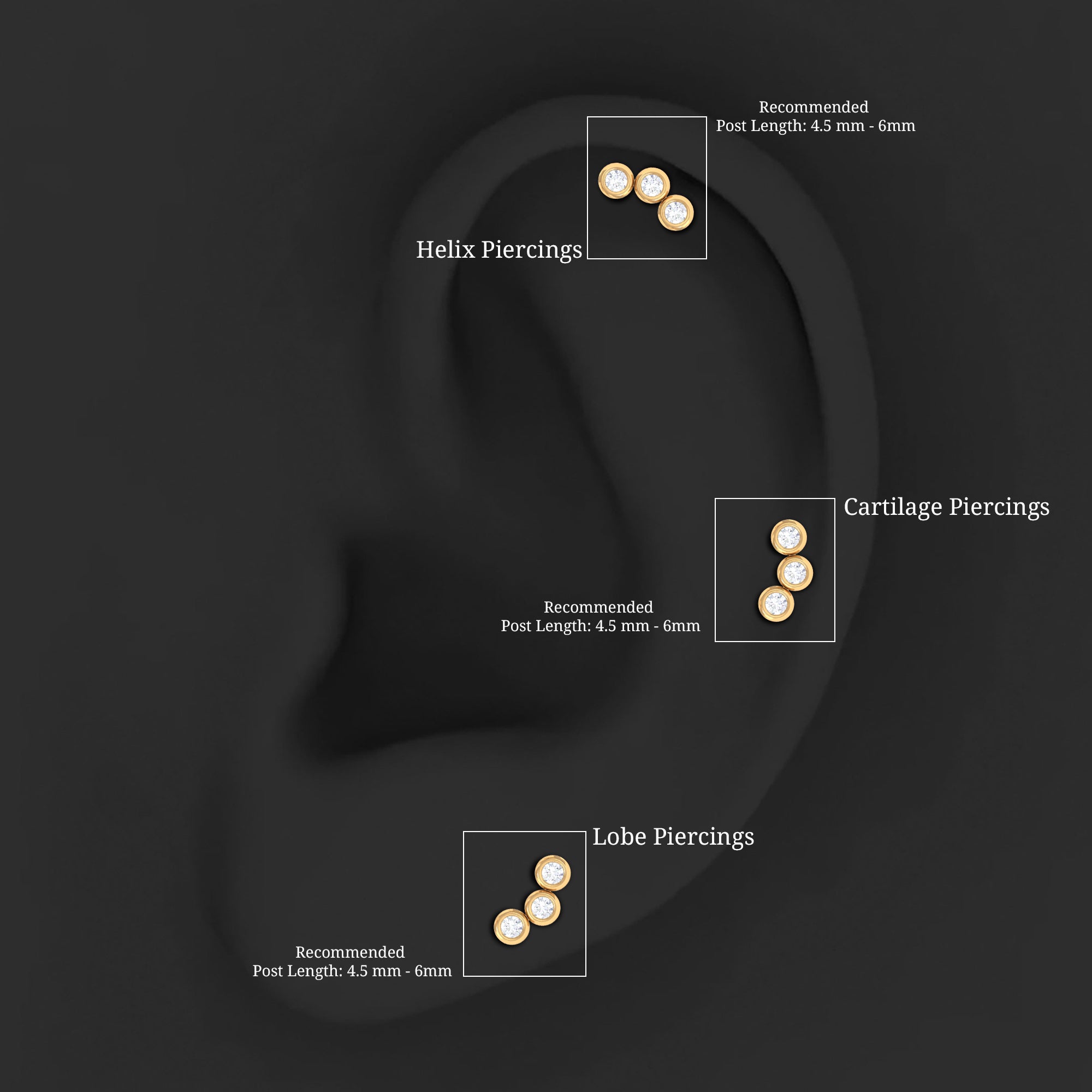 Three Diamond Curved Helix Earring in Bezel Setting Lab - ( EF-VS ) - Rosec Jewels