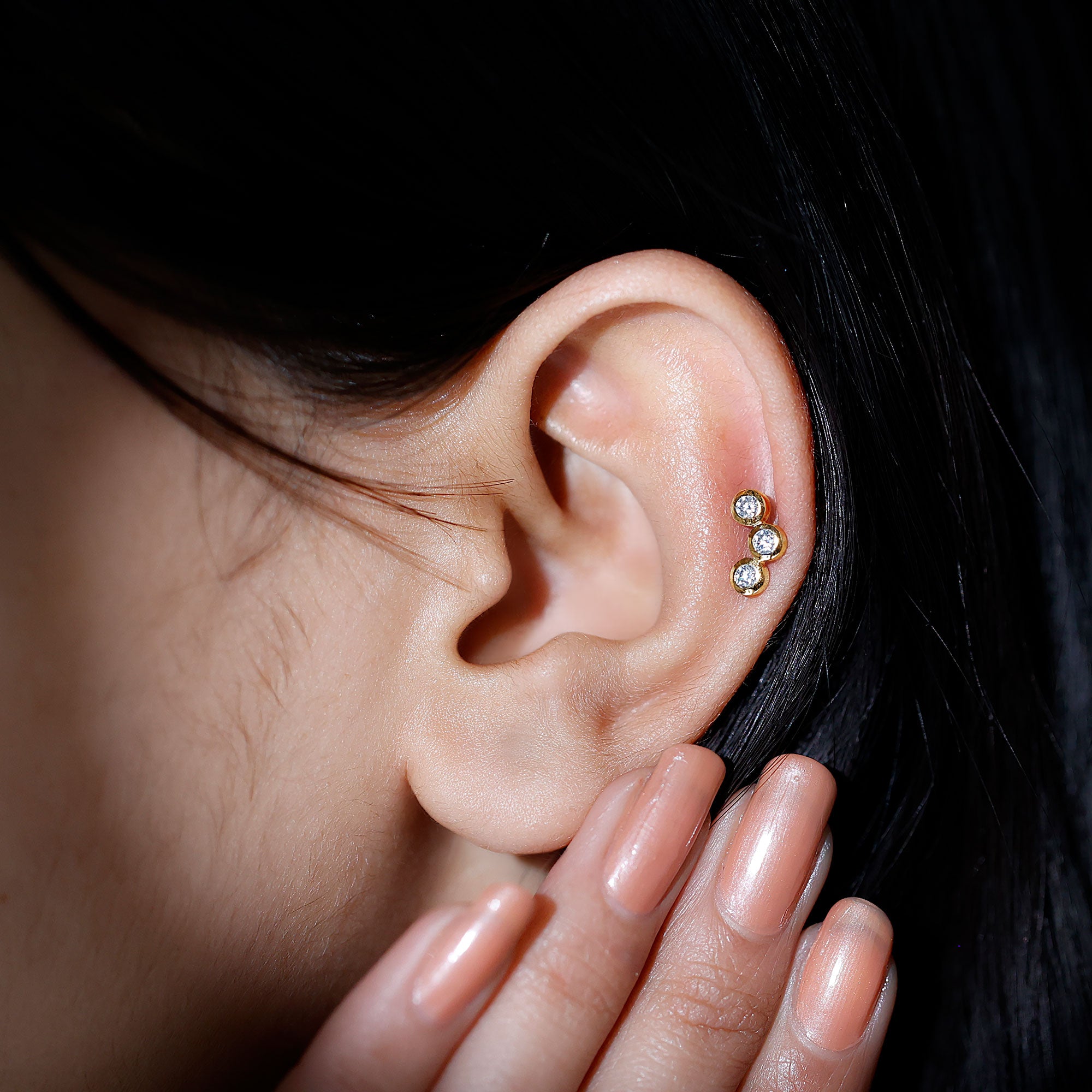 Three Diamond Curved Helix Earring in Bezel Setting Lab - ( EF-VS ) - Rosec Jewels