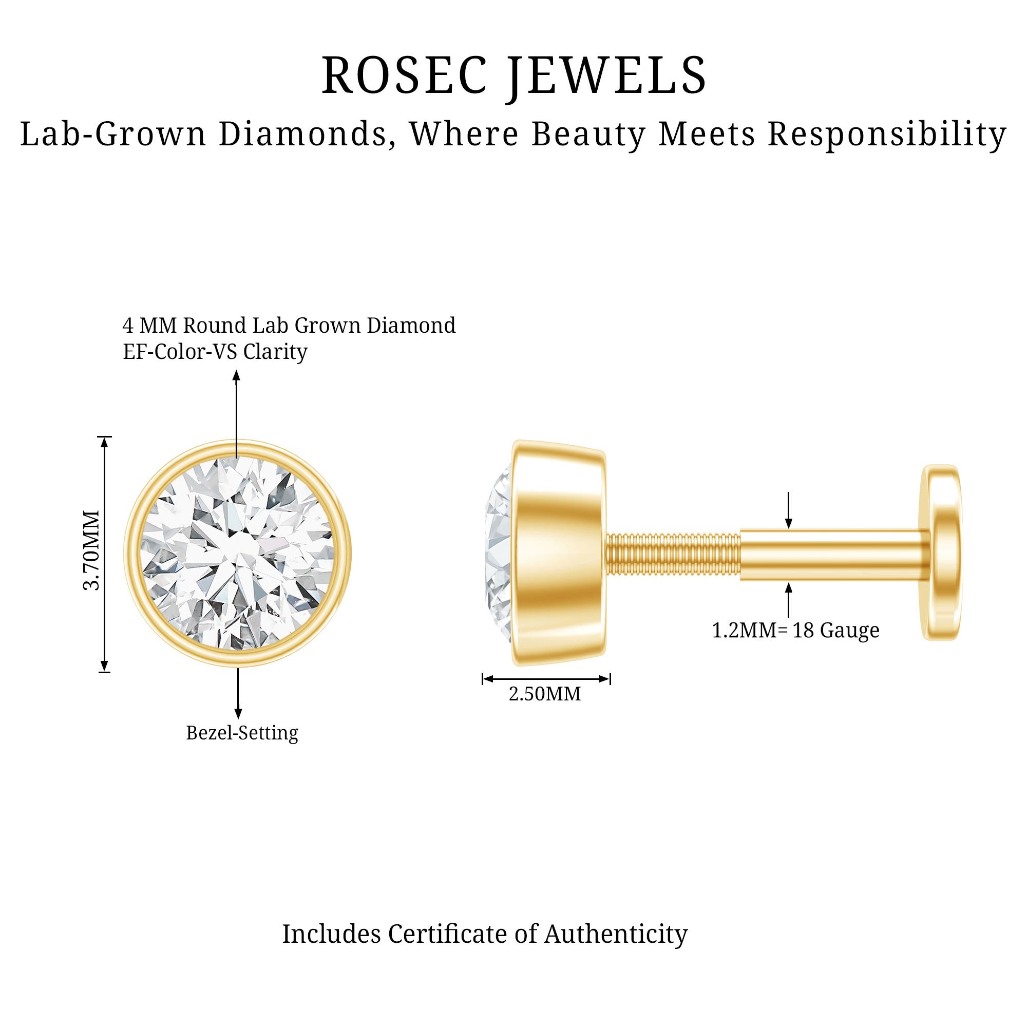 Bezel Set Diamond Solitaire Conch Earring Lab - ( EF-VS ) - Rosec Jewels
