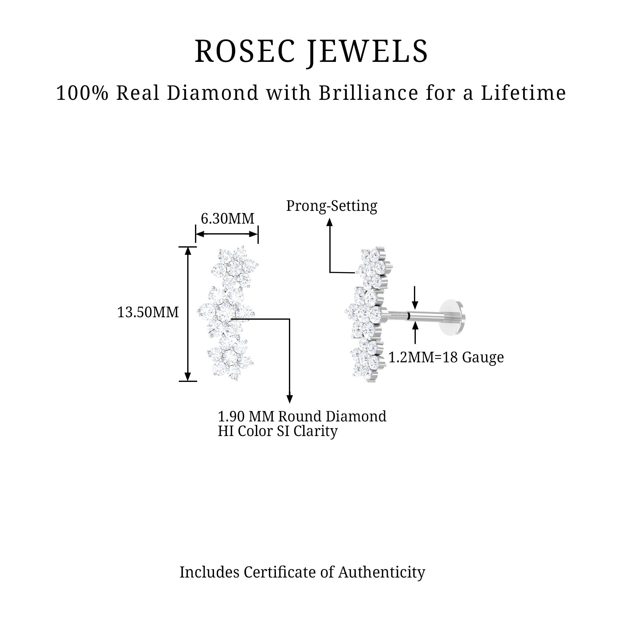 Certified Diamond Flower Crawler Cartilage Earring Lab - ( EF-VS ) - Rosec Jewels