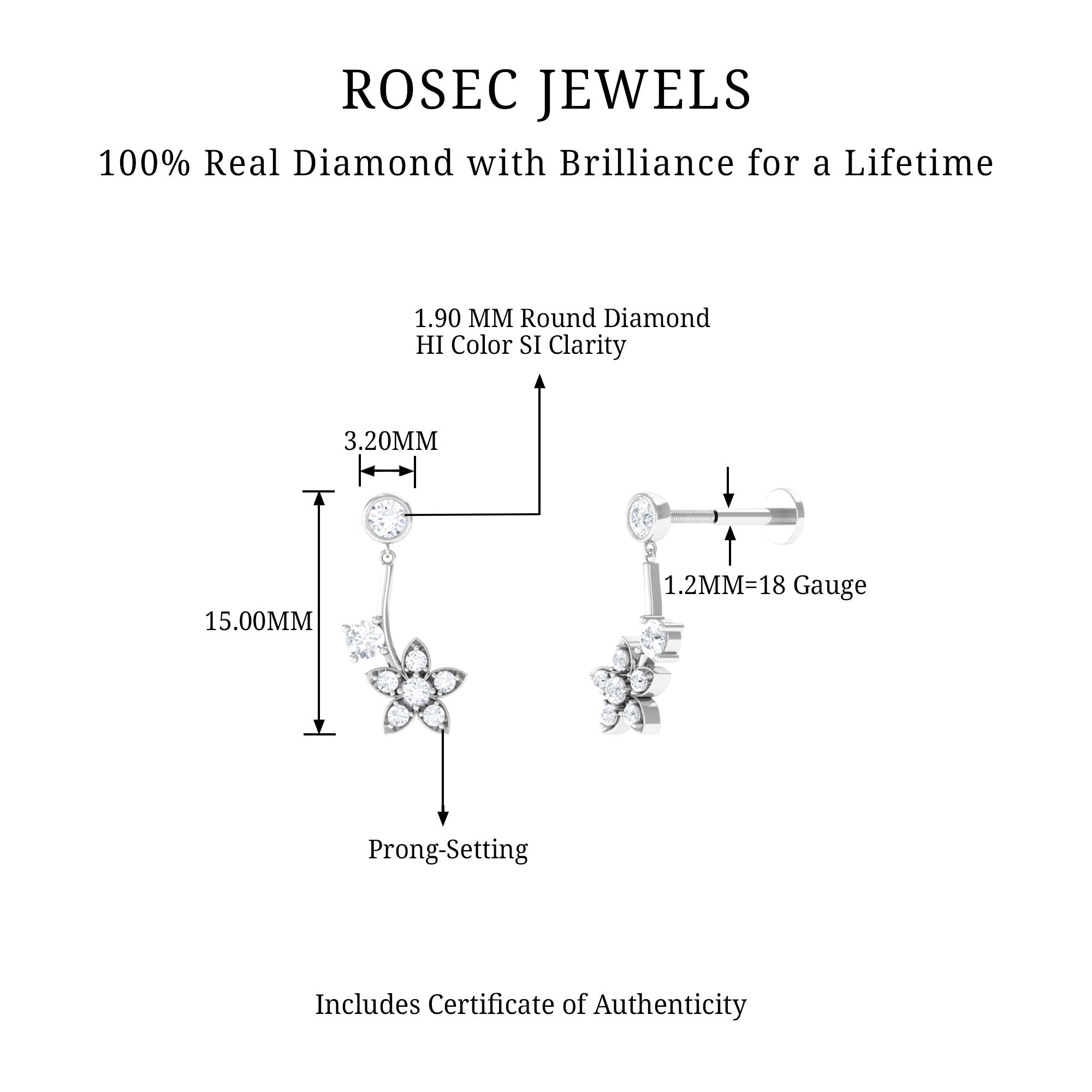 Diamond Floral Drop Earring for Cartilage Piercing Lab - ( EF-VS ) - Rosec Jewels