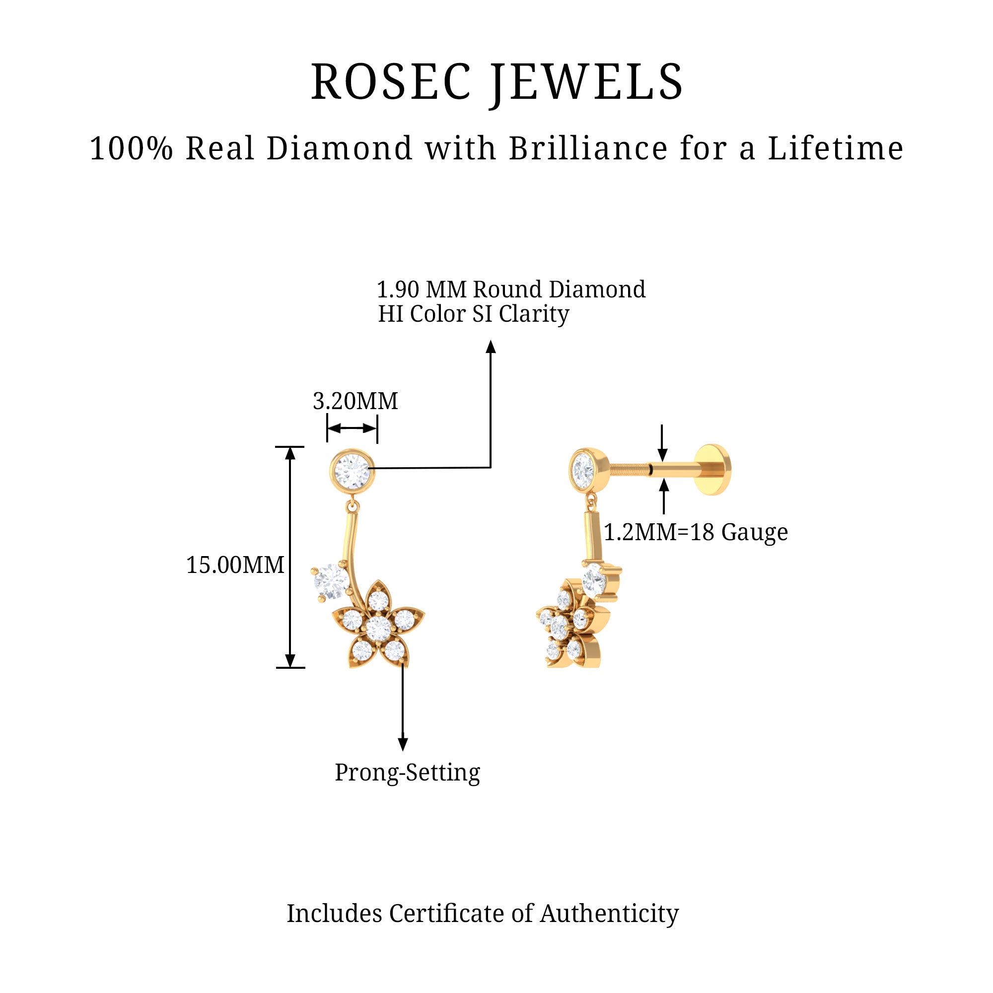 Diamond Floral Drop Earring for Cartilage Piercing Lab - ( EF-VS ) - Rosec Jewels