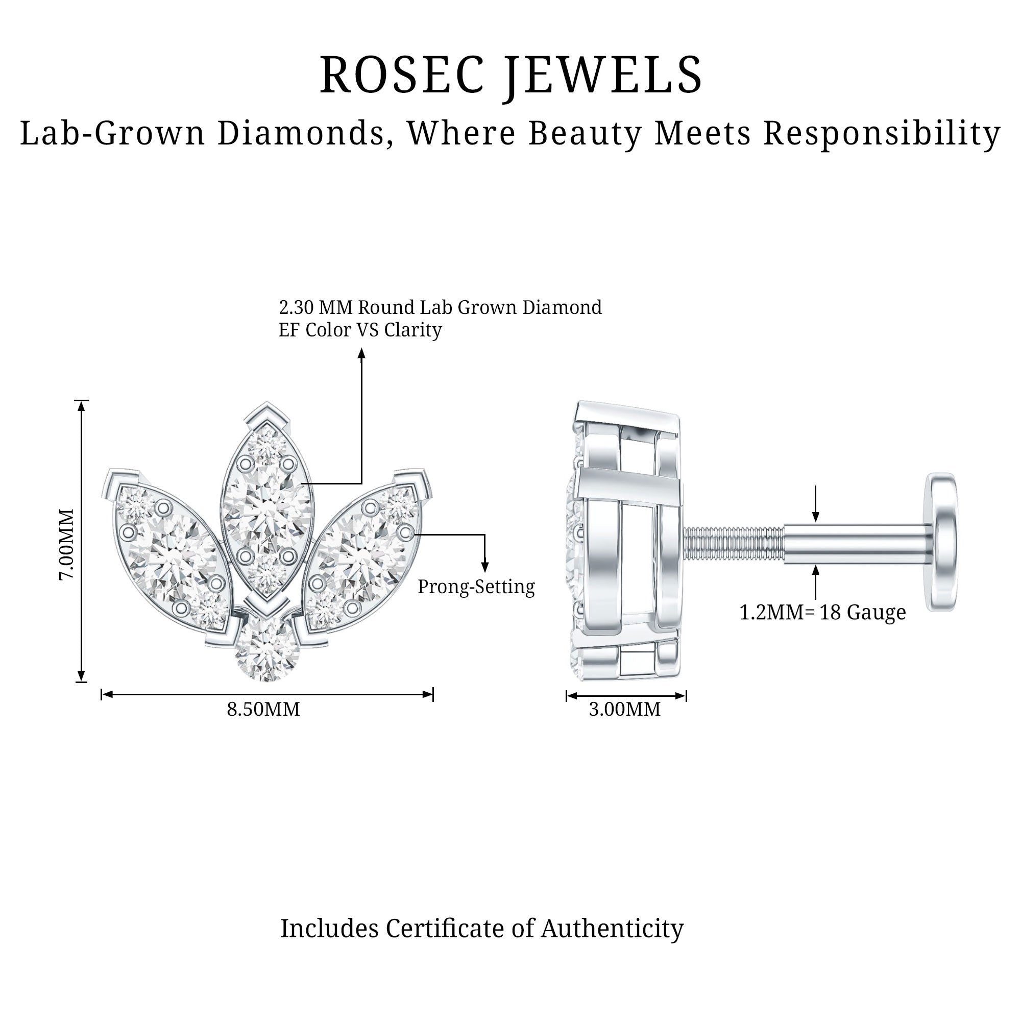 Certified Diamond Lotus Flower Earring with Flat Back Lab - ( EF-VS ) - Rosec Jewels