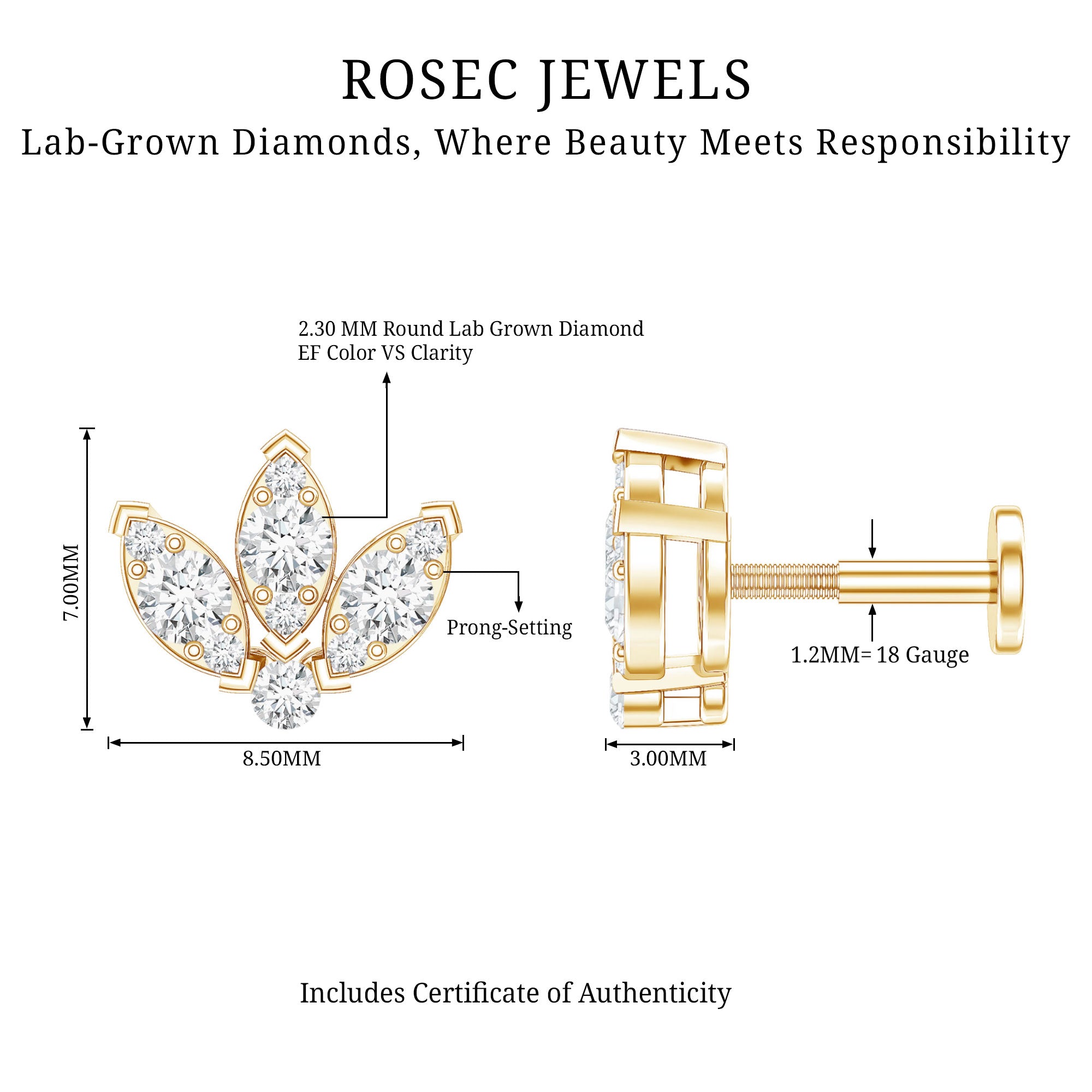 Certified Diamond Lotus Flower Earring with Flat Back Lab - ( EF-VS ) - Rosec Jewels