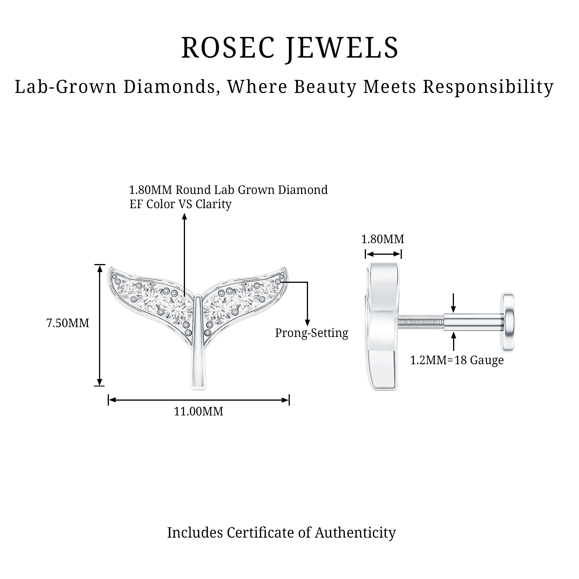 Certified Diamond Whale Tail Earring for Helix Piercing Lab - ( EF-VS ) - Rosec Jewels