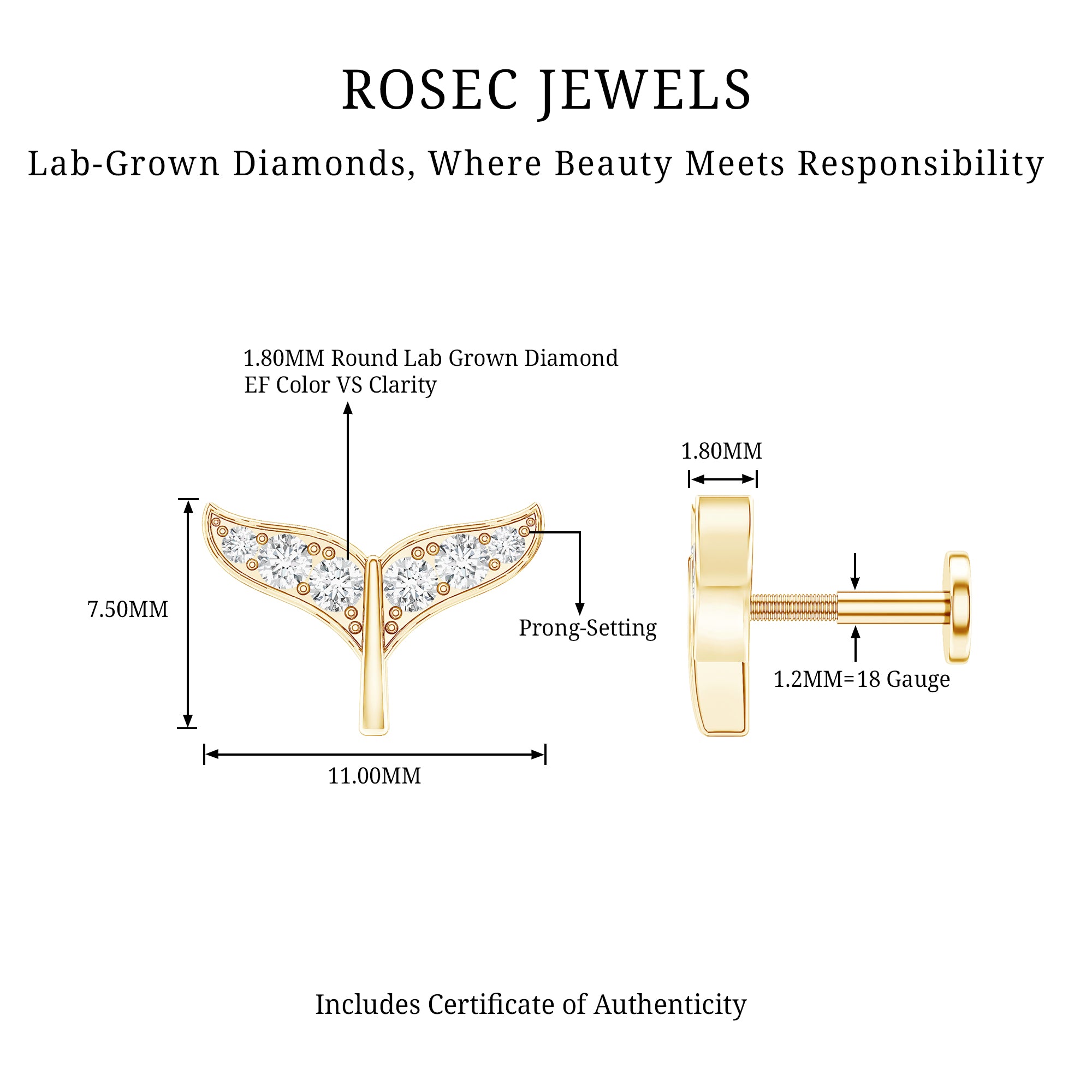 Certified Diamond Whale Tail Earring for Helix Piercing Lab - ( EF-VS ) - Rosec Jewels