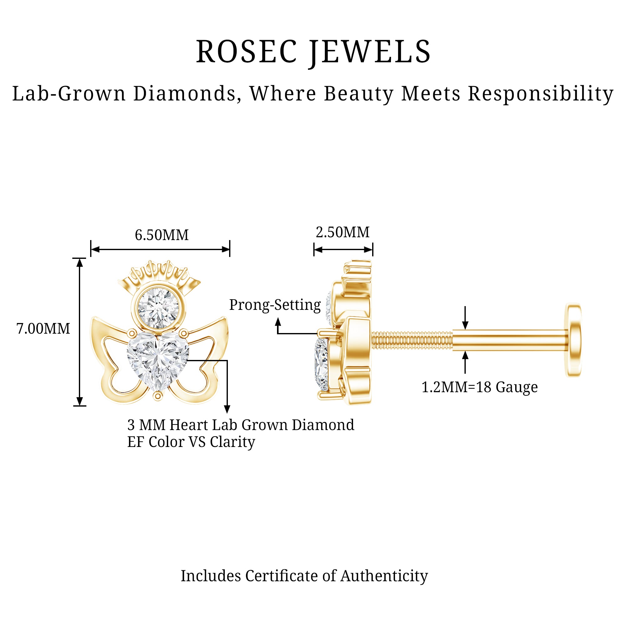 Heart Diamond Angel Earring for Helix Piercing Lab - ( EF-VS ) - Rosec Jewels