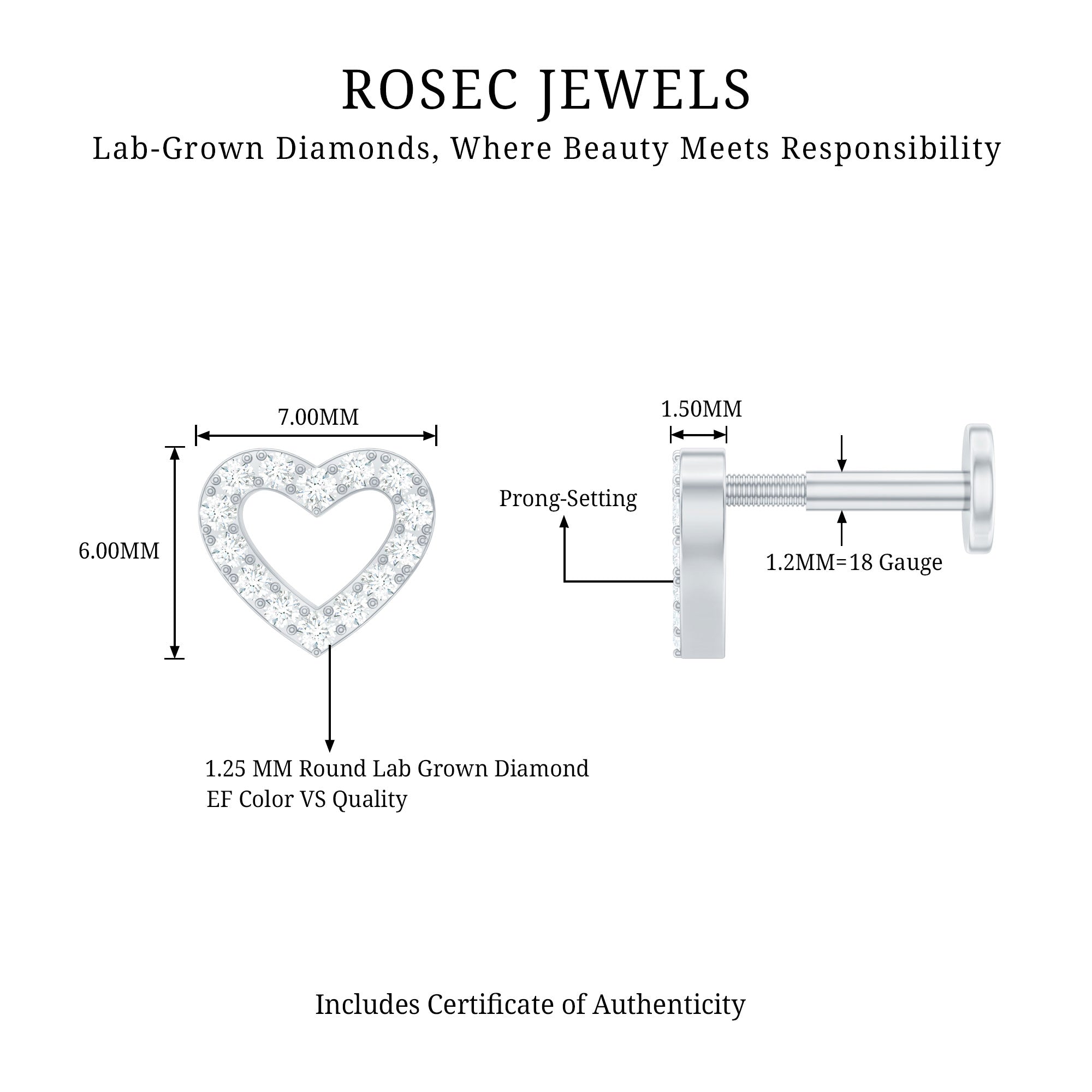 Cute Diamond Open Heart Earring for Helix Piercing Lab - ( EF-VS ) - Rosec Jewels