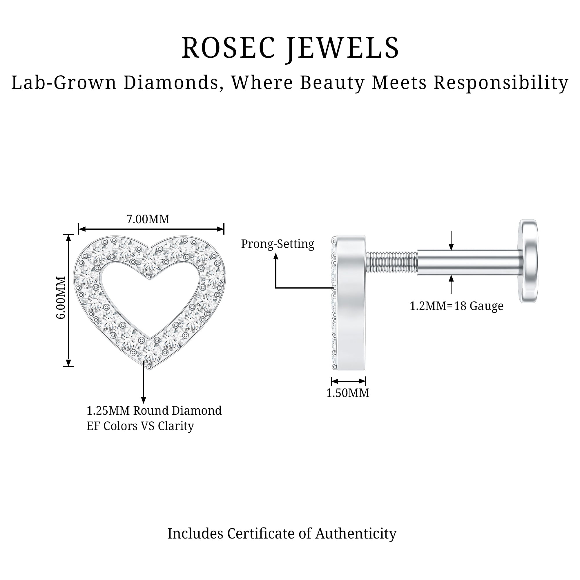 Cute Diamond Open Heart Earring for Helix Piercing Lab - ( EF-VS ) - Rosec Jewels