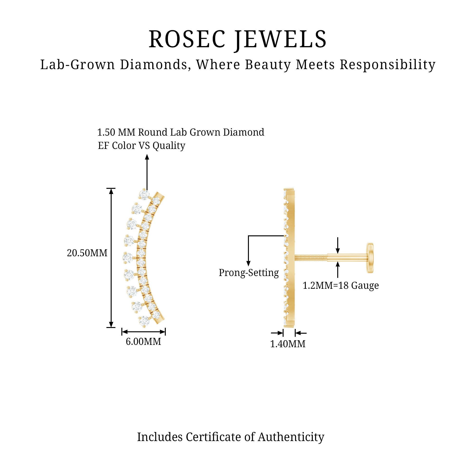 Minimal Diamond Crawler Earring for Cartilage Piercing Lab - ( EF-VS ) - Rosec Jewels