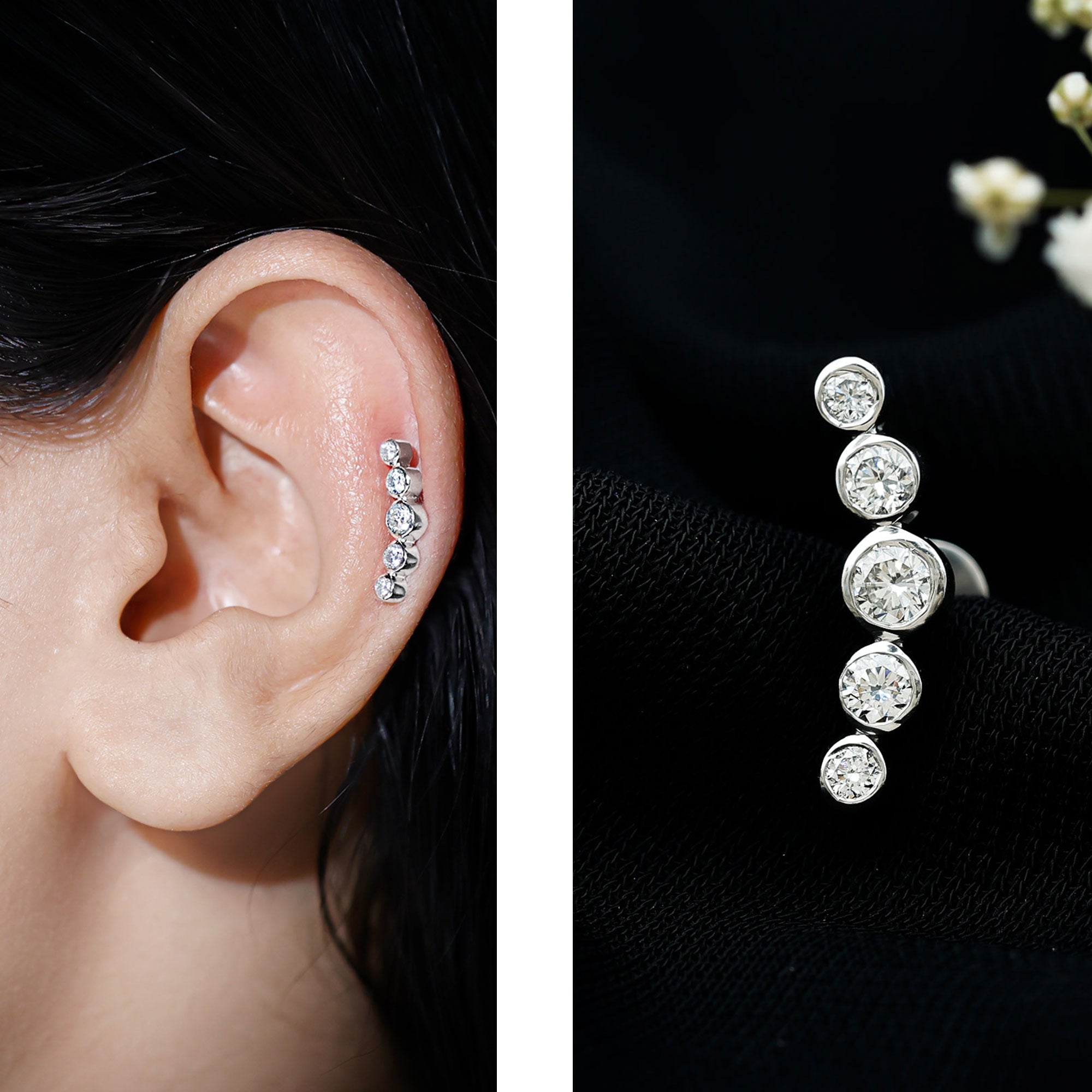 Graduated Style Diamond Crawler Earring for Helix Piercing Lab - ( EF-VS ) - Rosec Jewels
