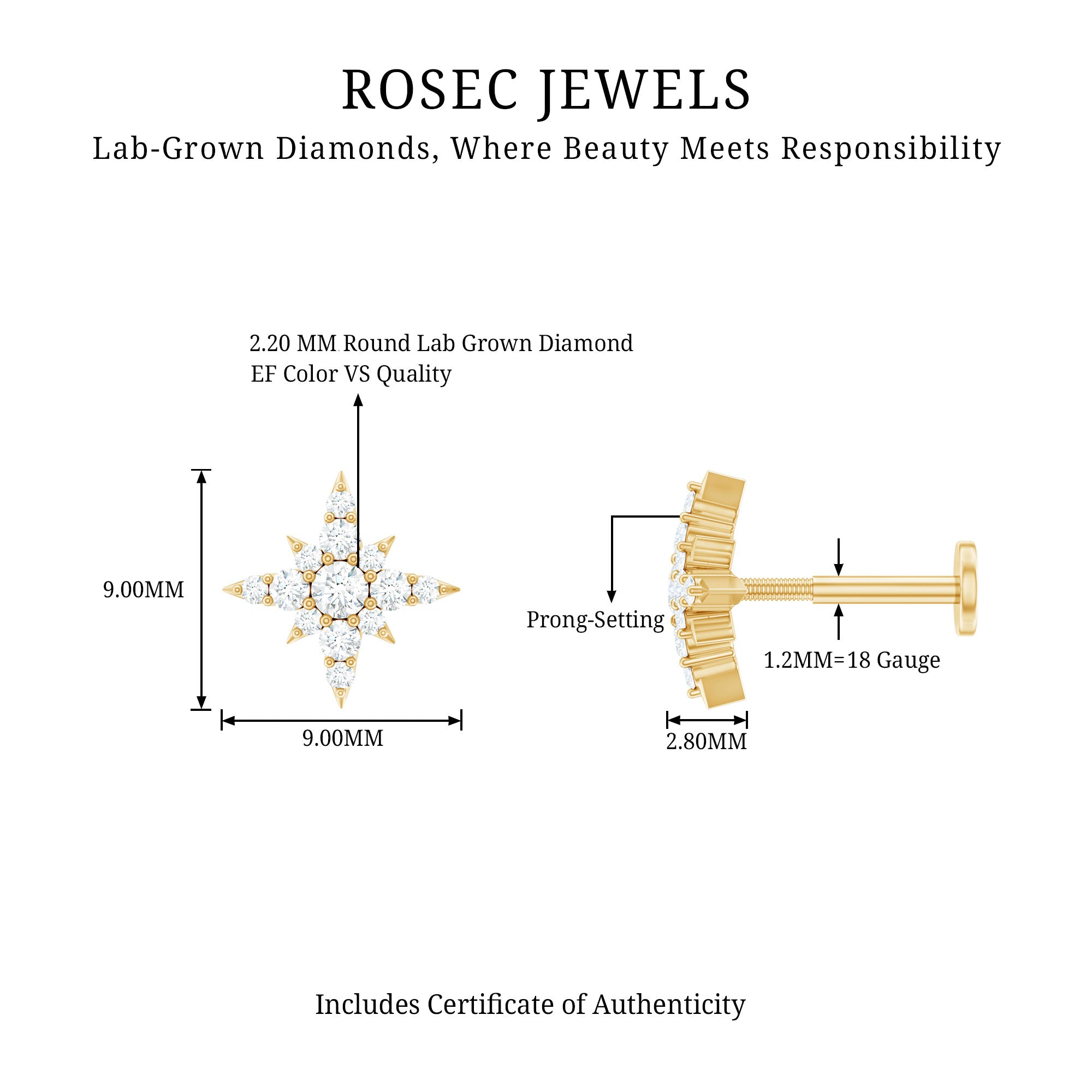 Sparkling Diamond Starburst Earring for Cartilage Piercing Lab - ( EF-VS ) - Rosec Jewels