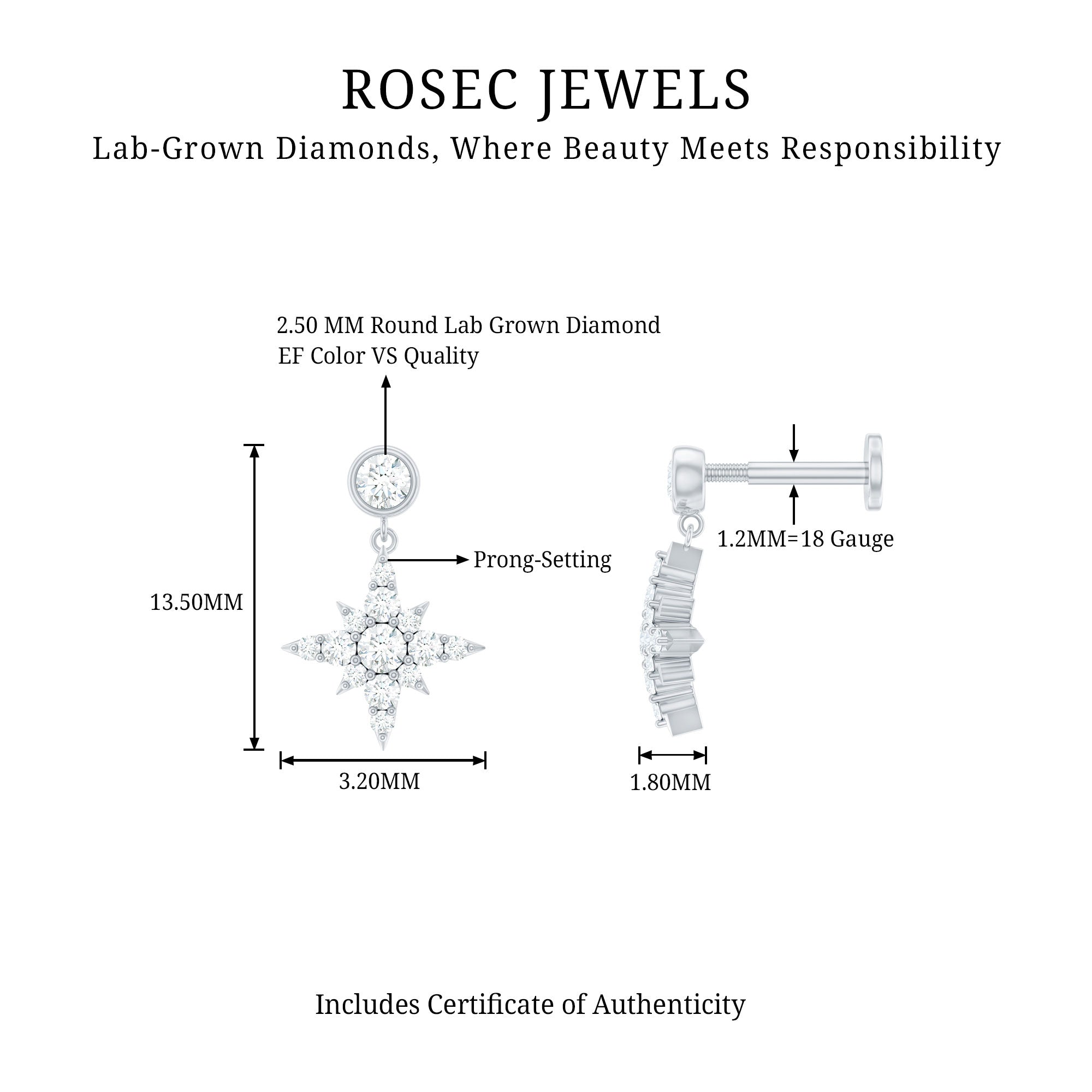 Certified Diamond Starburst Drop Earring for Helix Piercing Lab - ( EF-VS ) - Rosec Jewels