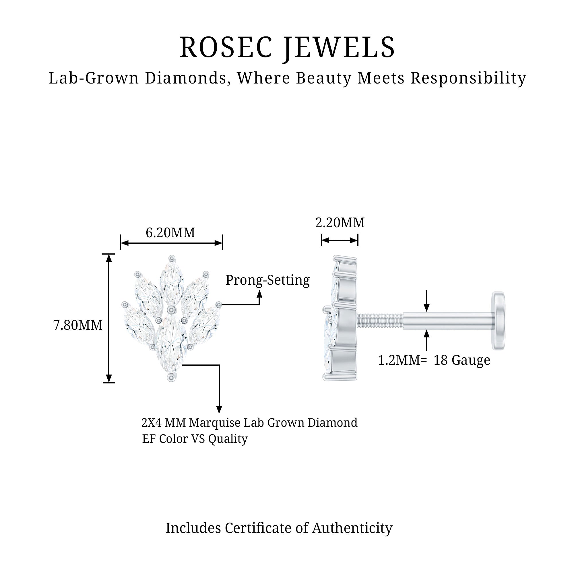 Marquise Diamond Leaf Cluster Helix Earring Lab - ( EF-VS ) - Rosec Jewels