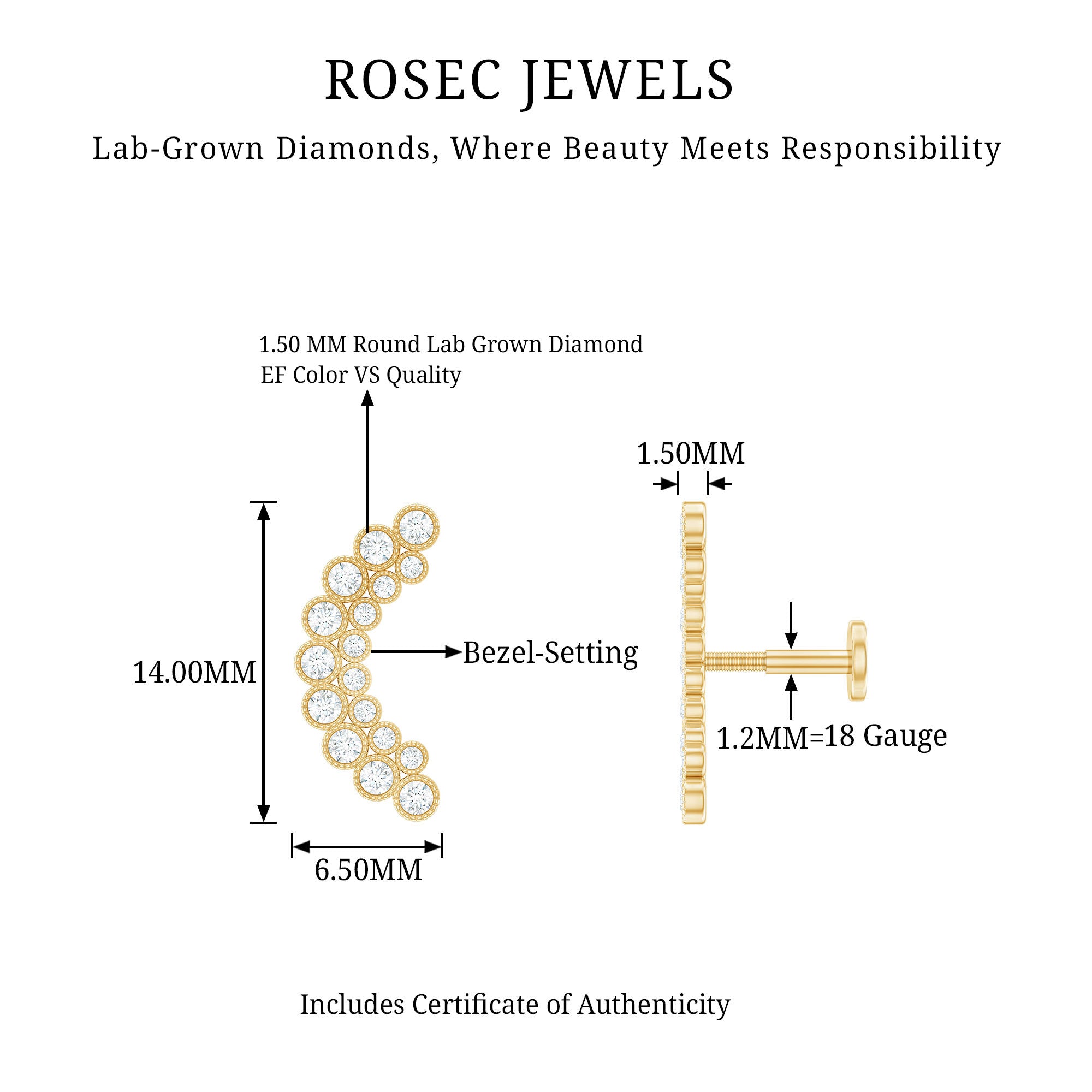 Diamond Curved Crawler Earring in Bezel Set Lab - ( EF-VS ) - Rosec Jewels