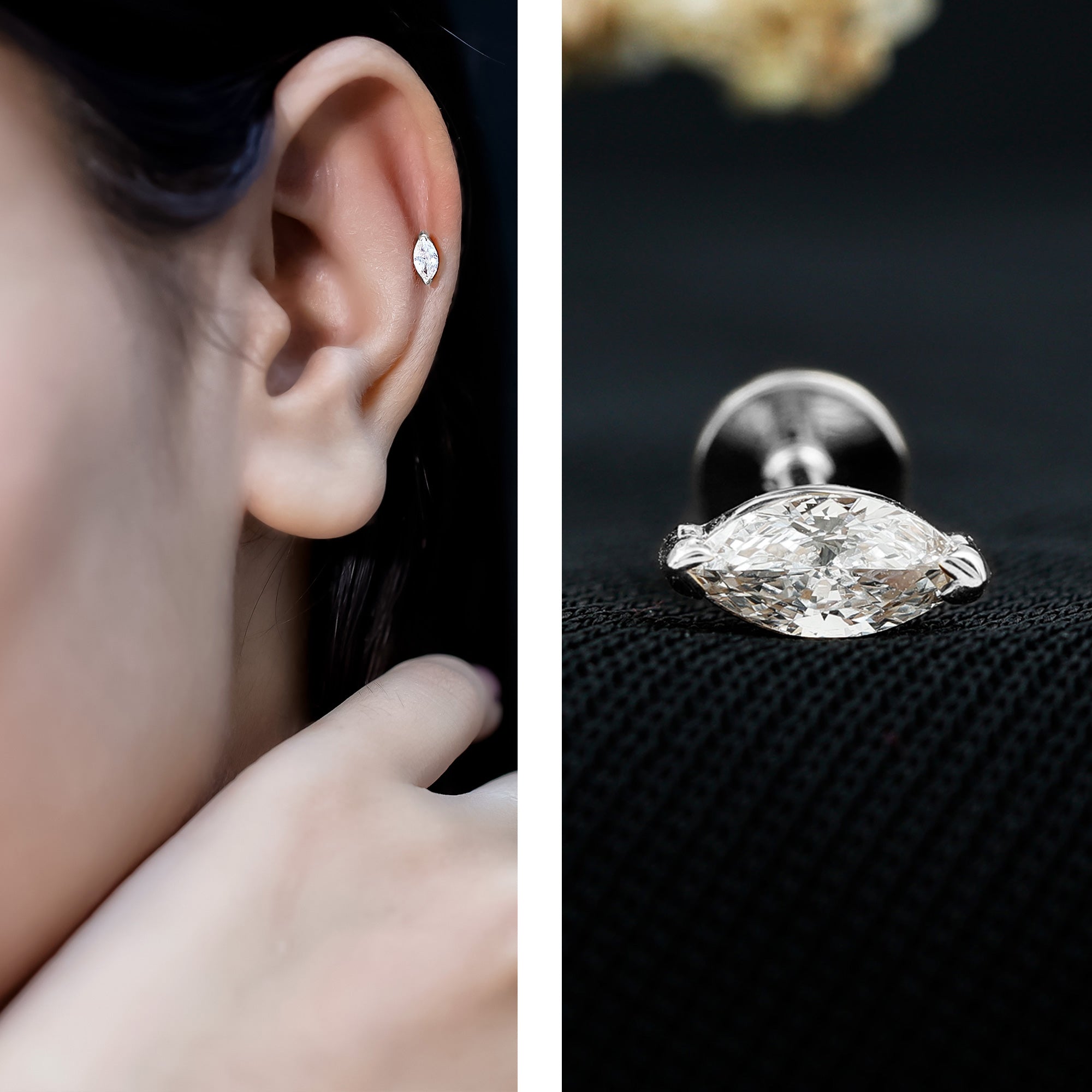 Marquise Diamond Solitaire Earring for Helix Piercing Lab - ( EF-VS ) - Rosec Jewels