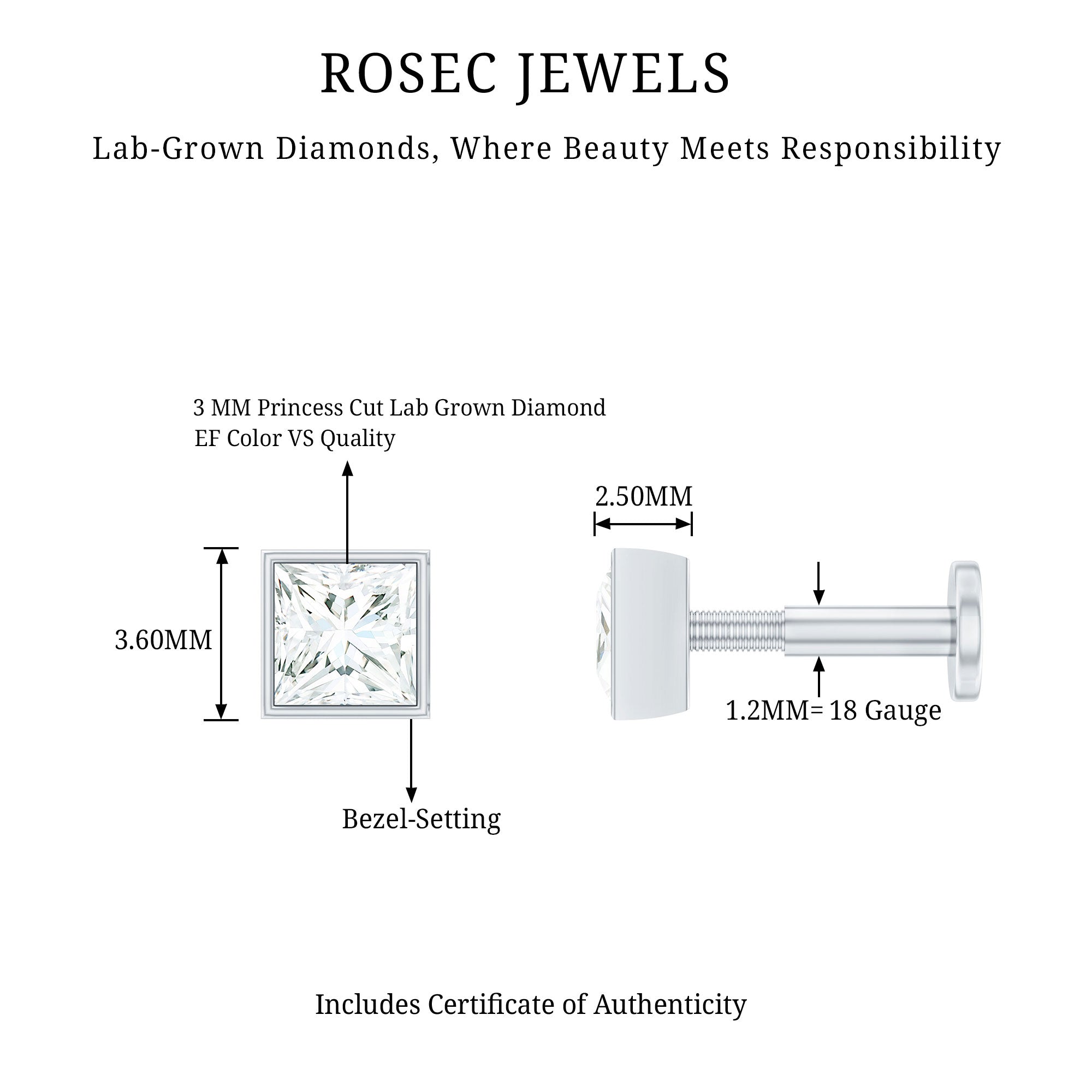 Princess Cut Diamond Conch Earring in Bezel Setting Lab - ( EF-VS ) - Rosec Jewels