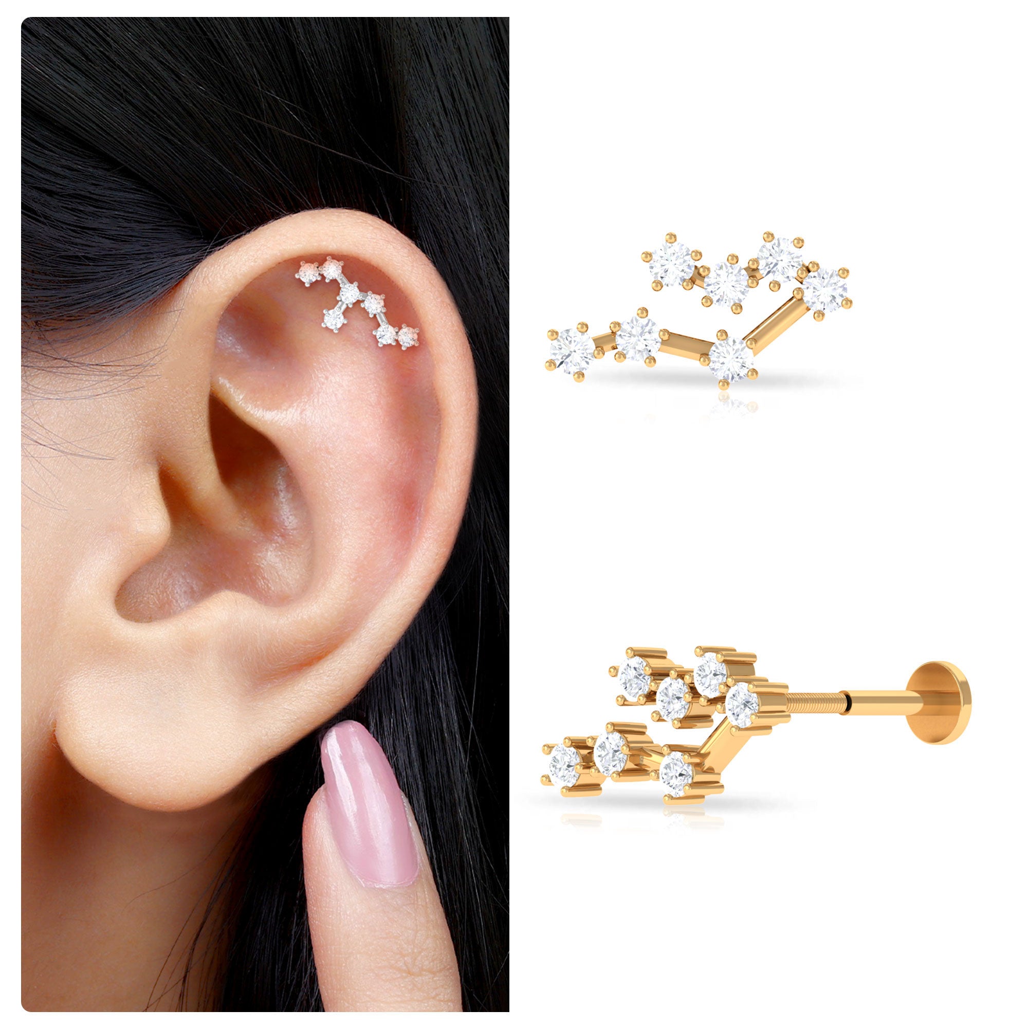 Diamond Leo Constellation Crawler Earring for Helix Piercing Lab - ( EF-VS ) - Rosec Jewels