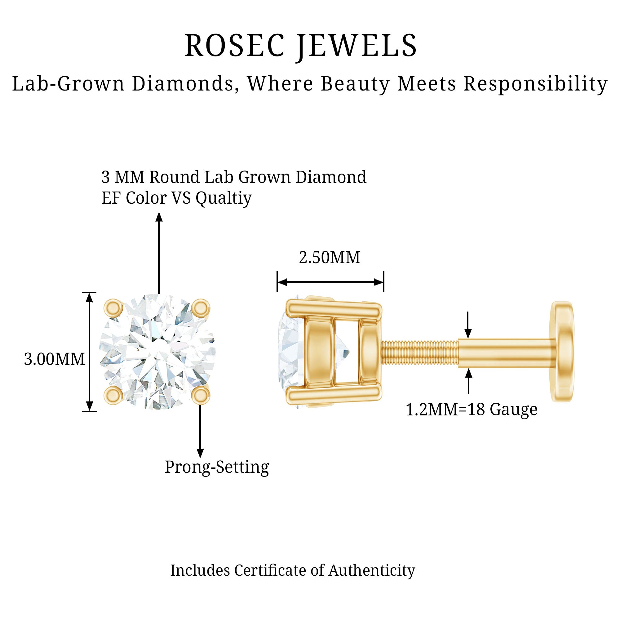 Minimalist Diamond Solitaire Earring for Tragus Piercing Lab - ( EF-VS ) - Rosec Jewels