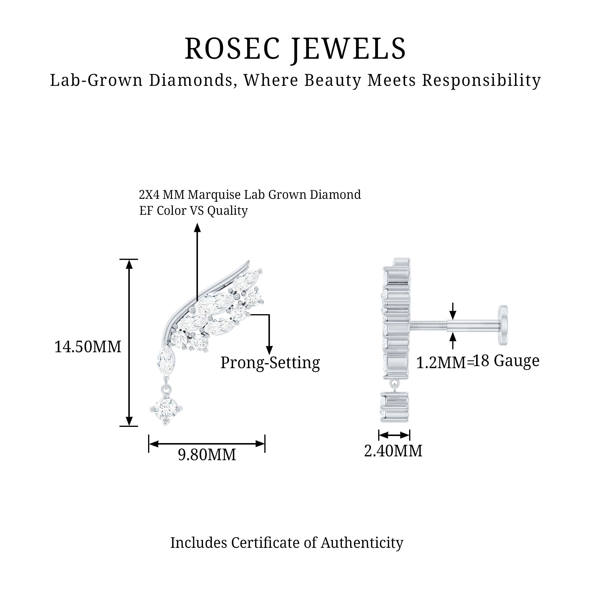 Brilliant Cut Diamond Wing Helix Drop Earring with Flat Back Lab - ( EF-VS ) - Rosec Jewels